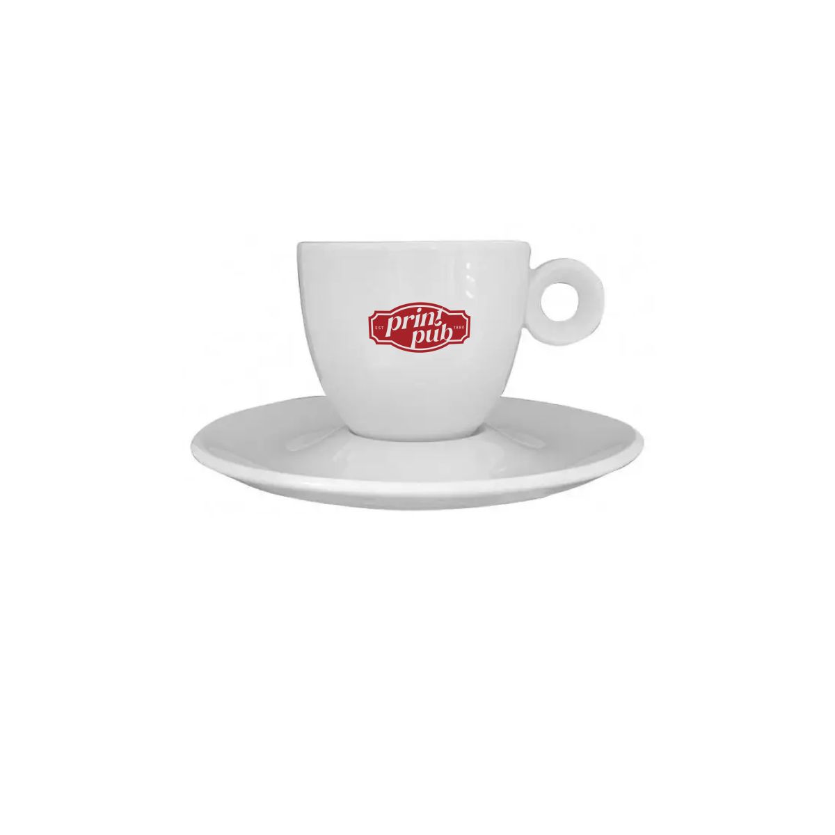 Rondo Espresso 8 cl. van porselein met éénkleurig PrintPub-logo zichtbaar aan de voorzijde.