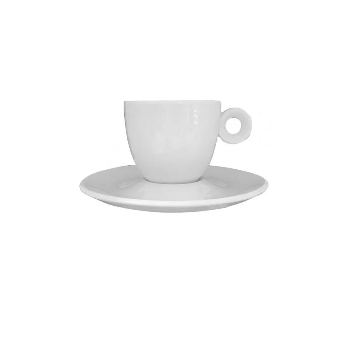 Vooraanzicht van witte Rondo Espresso 8 cl. porseleinen set met compacte kop en bijpassende schotel.