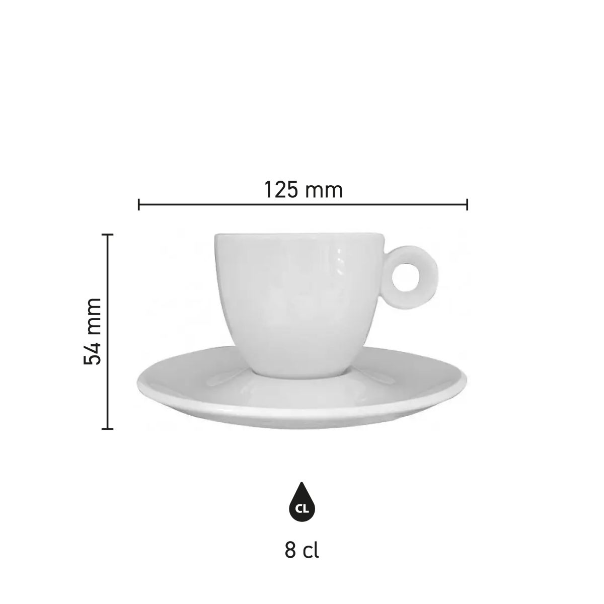Gedetailleerde infographic van Rondo Espresso 8 cl. set met exacte productafmetingen.