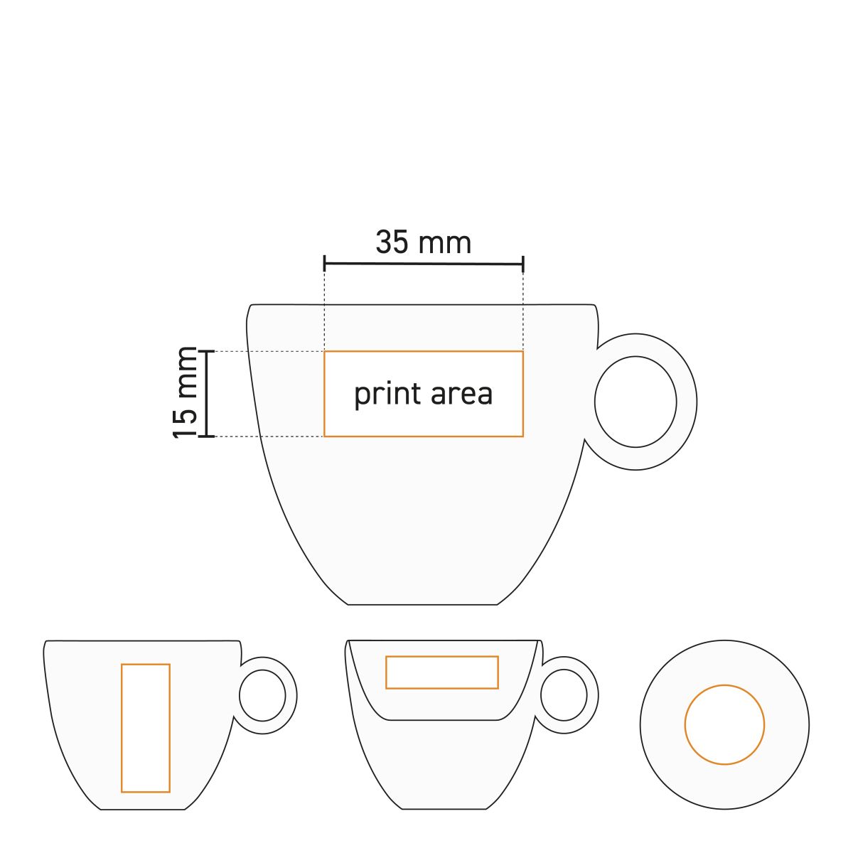 Technische werktekening van Rondo espresso kop 8 cl. porselein met duidelijk aangegeven drukgebied.