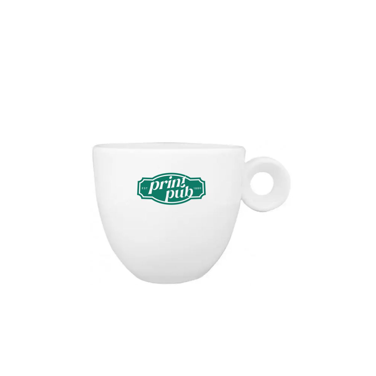 Rondo espresso kop 8 cl porselein in vooraanzicht met éénkleurig PrintPub logo centraal op de voorkant.