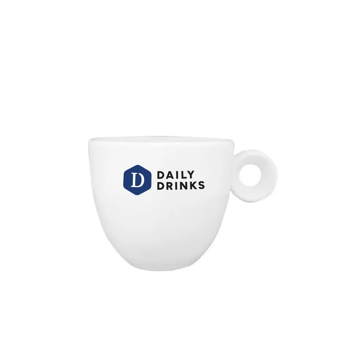 Porseleinen Rondo espresso kop 8 cl, vooraanzicht met meerkleurig DailyDrinks logo in 2-4 tinten.