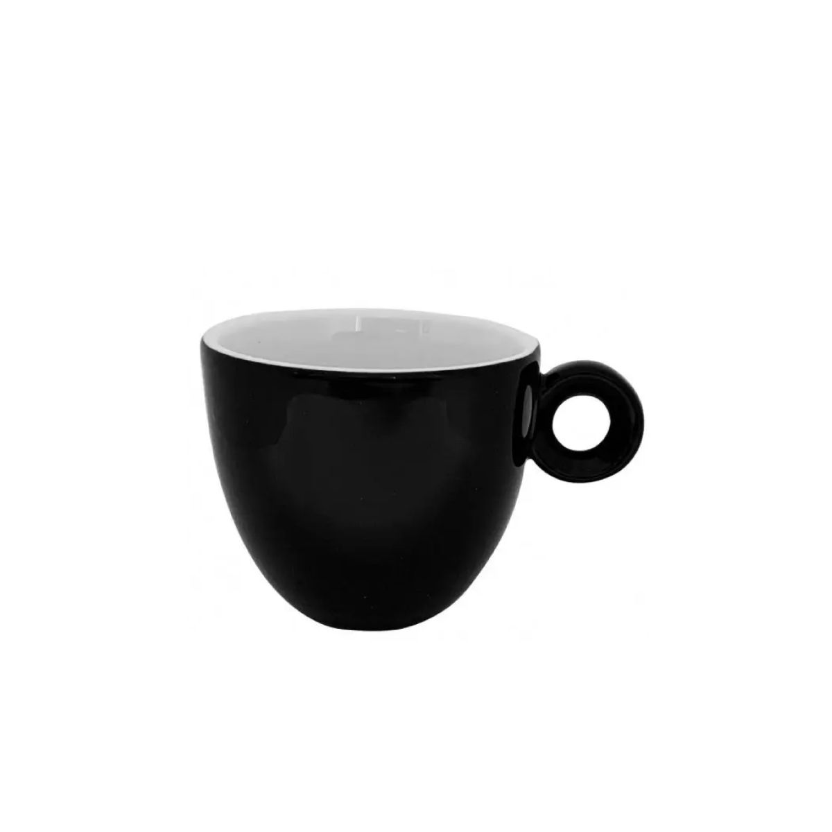 Vooraanzicht van zwart-witte Rondo espresso kop 8 cl porselein met glad oppervlak en compacte vorm.