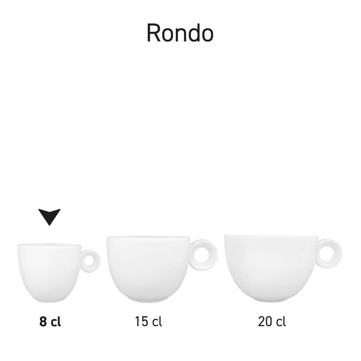 Serie Rondo koppen porselein met verschillende inhoudsmaten naast elkaar getoond.
