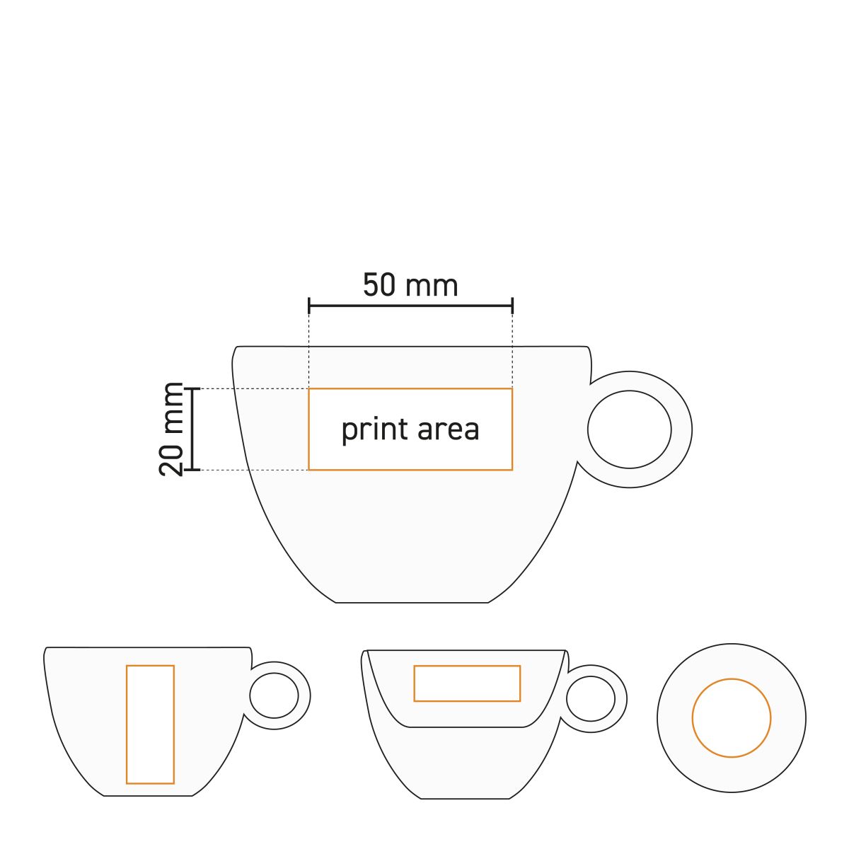 Technische werktekening met drukgebied van Rondo Koffie 15 cl. SET porselein duidelijk gemarkeerd.