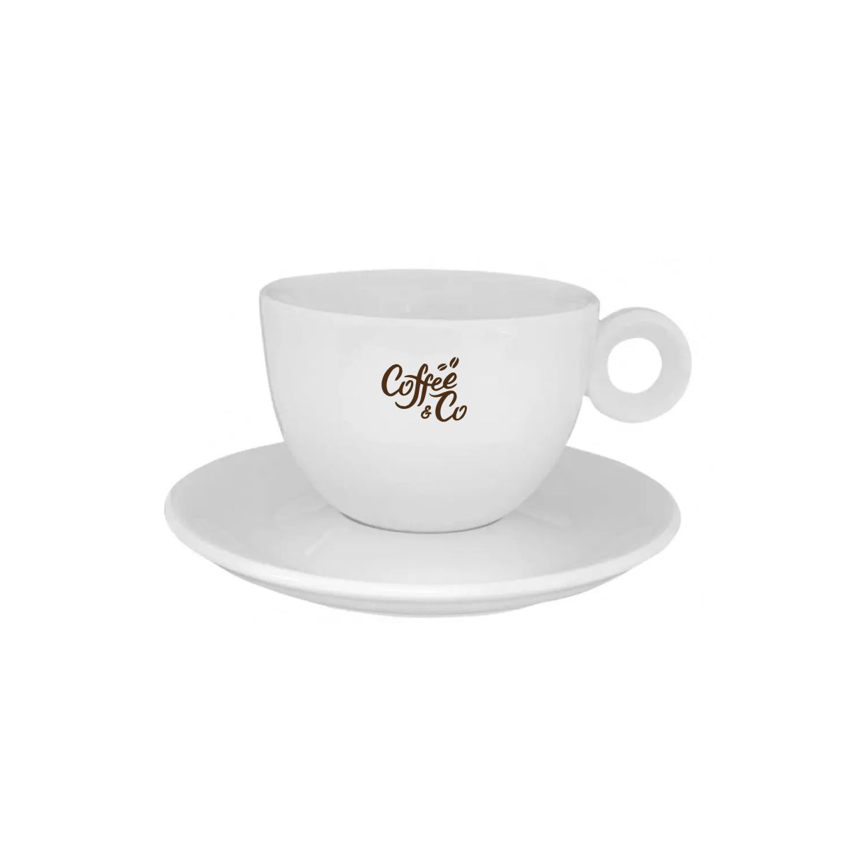 Rondo Koffie 15 cl. porseleinen set met CoffeeCo-logo in één kleur op de voorzijde van de koffiekop.