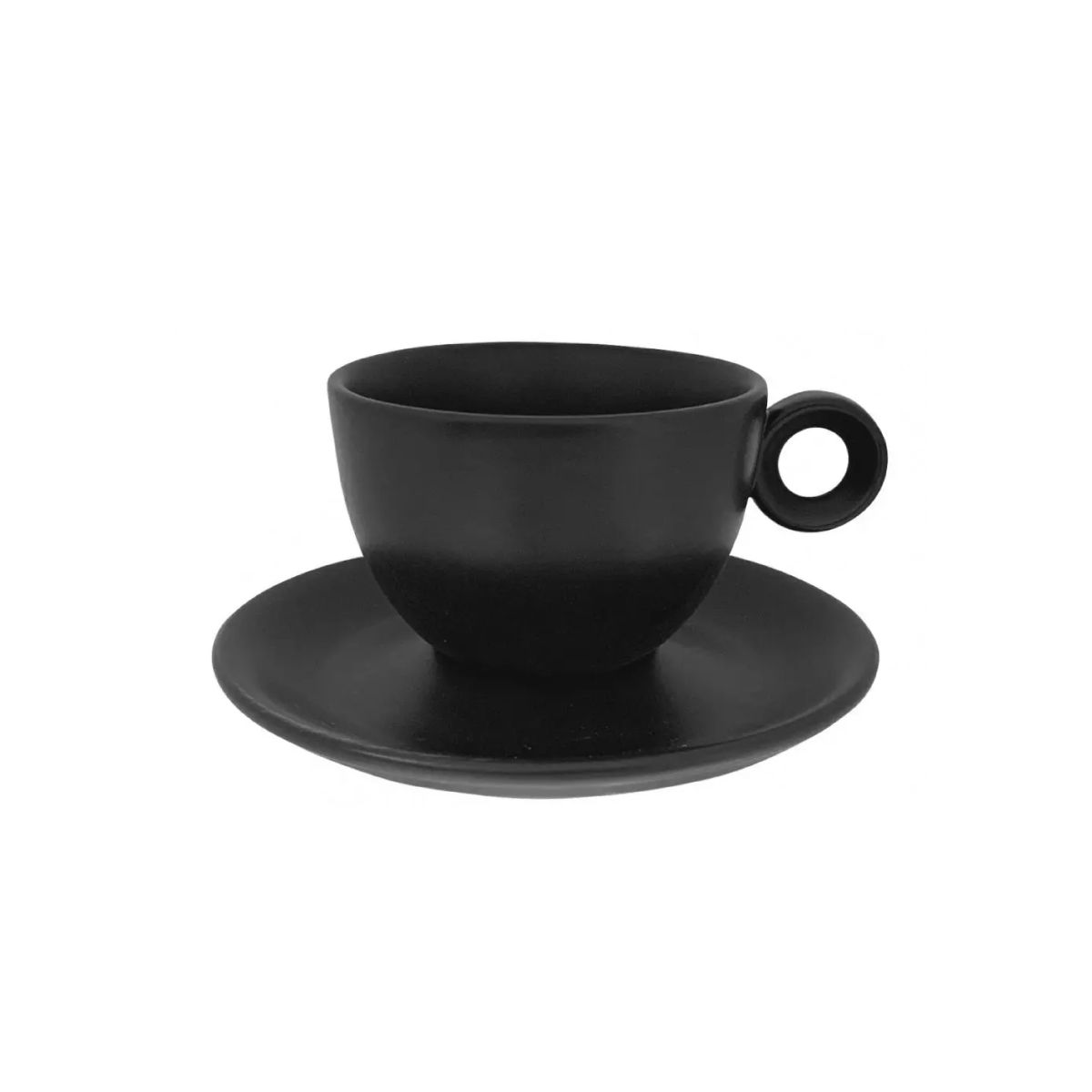 Matzwarte Rondo koffiekop 15 cl. van porselein, samen met schotel in vooraanzicht afgebeeld.