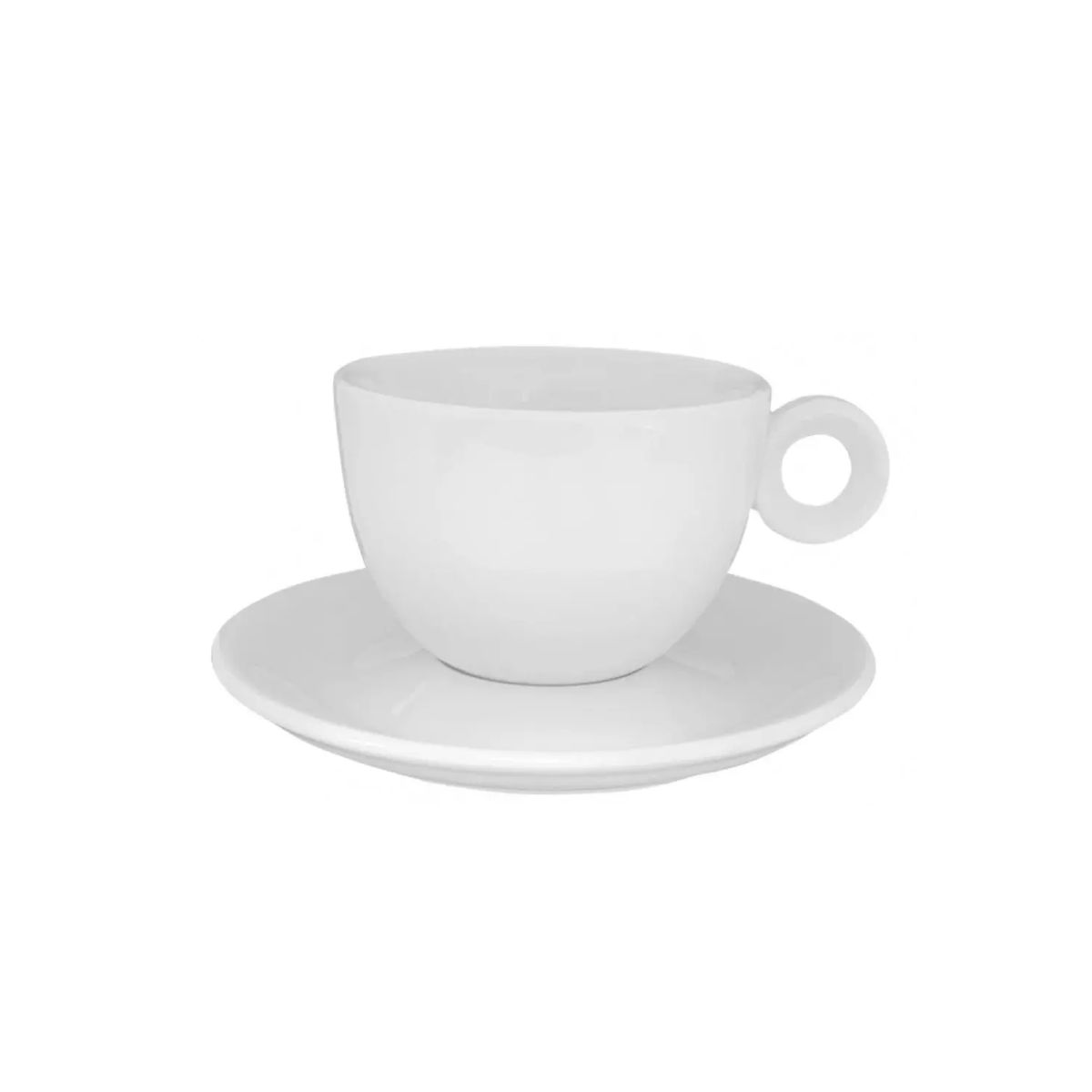 Witte Rondo koffiekop 15 cl. van porselein, samen met schotel in vooraanzicht afgebeeld.