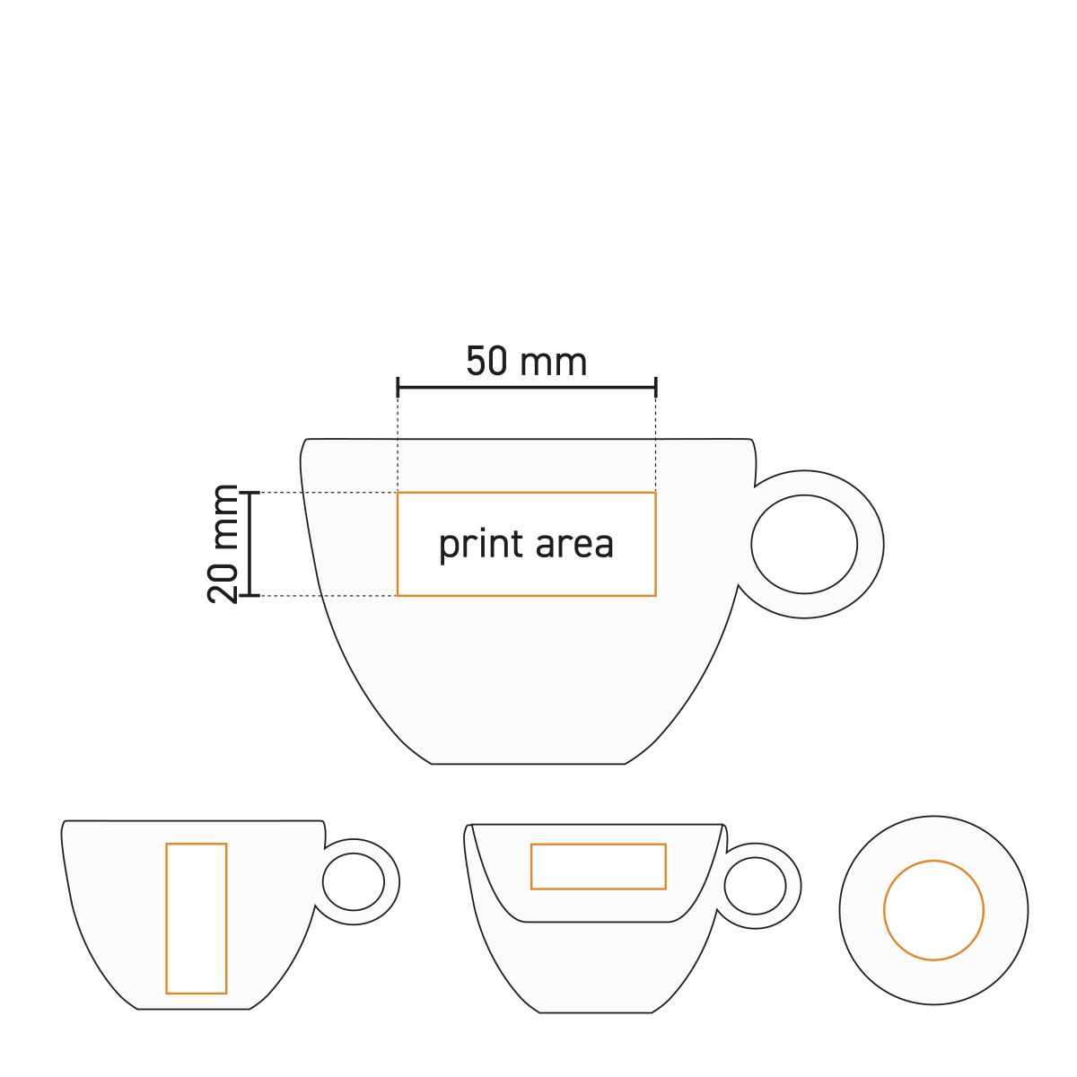 Technische werktekening van Rondo Koffie kop 15 cl. met markering van het drukgebied op de wand.