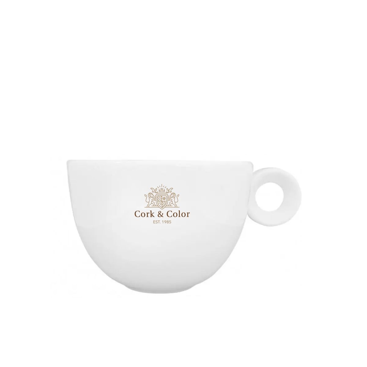 Porseleinen koffiekop Rondo 15 cl. met meerkleurig CorkColor-logo op het vooraanzicht geplaatst.