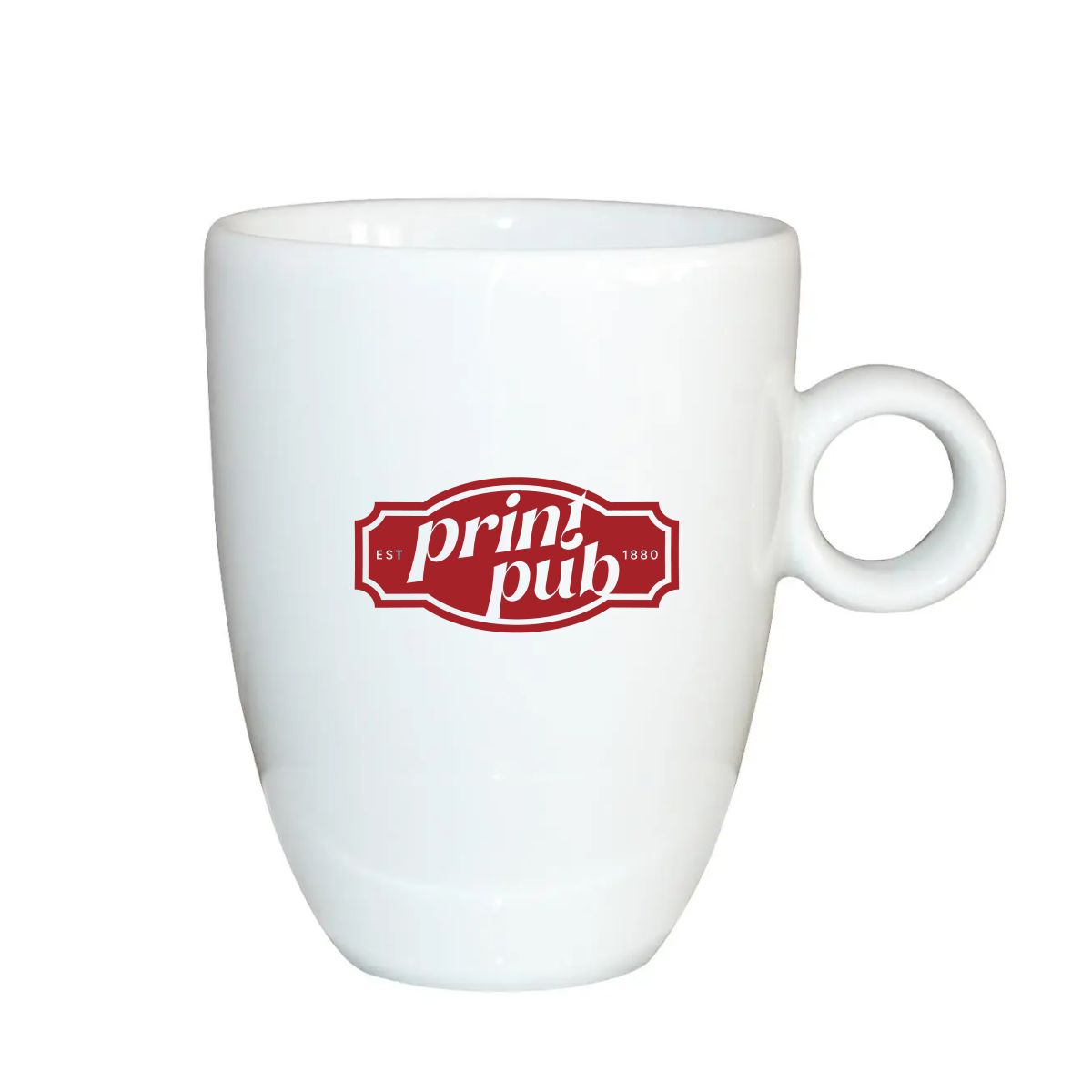 Porseleinen Rondo mok met rood logo van PrintPub op het vooraanzicht, gecentreerd onder de rand.
