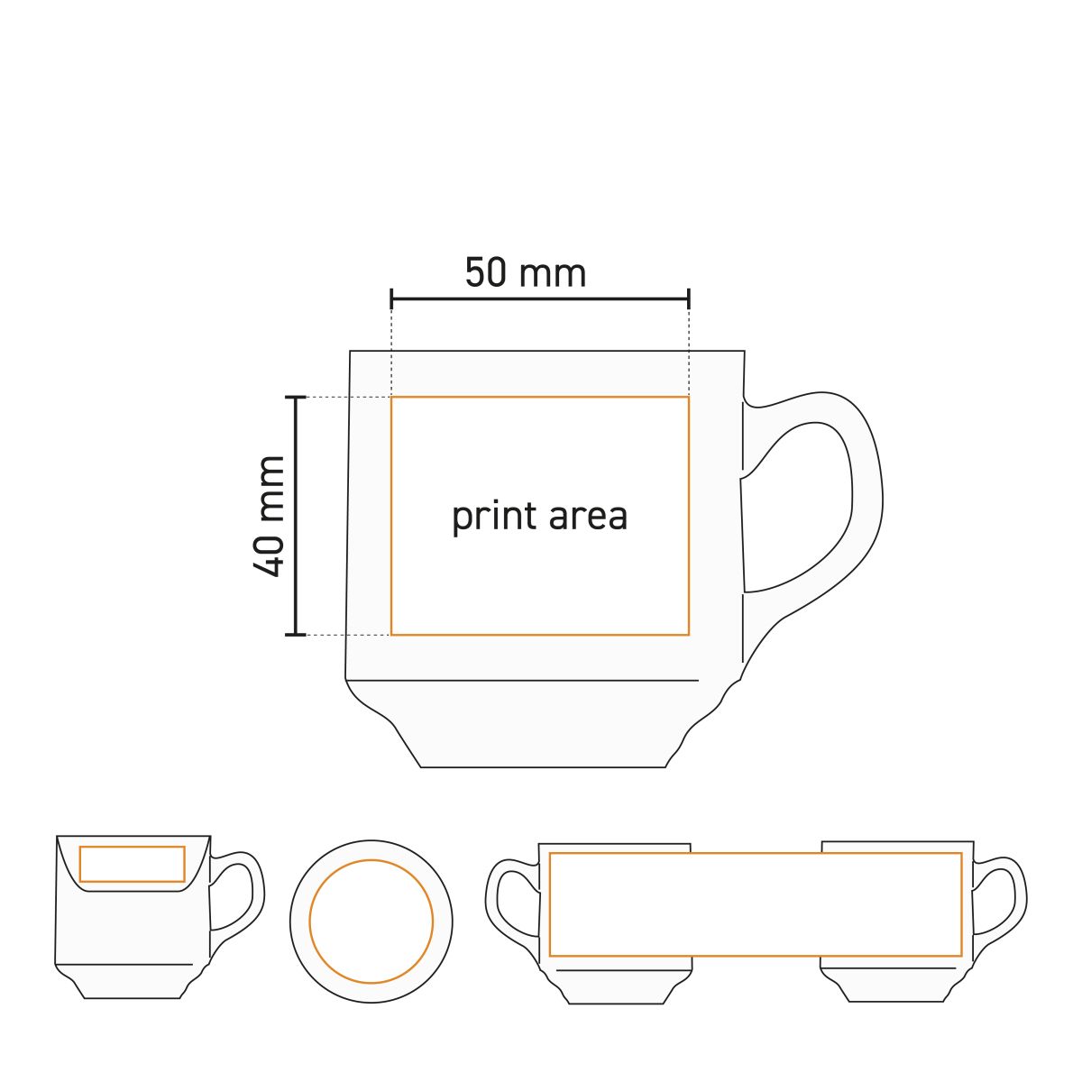 Technische werktekening met aanduiding van drukgebied op het Sara Koffie Kop wit 14 cl