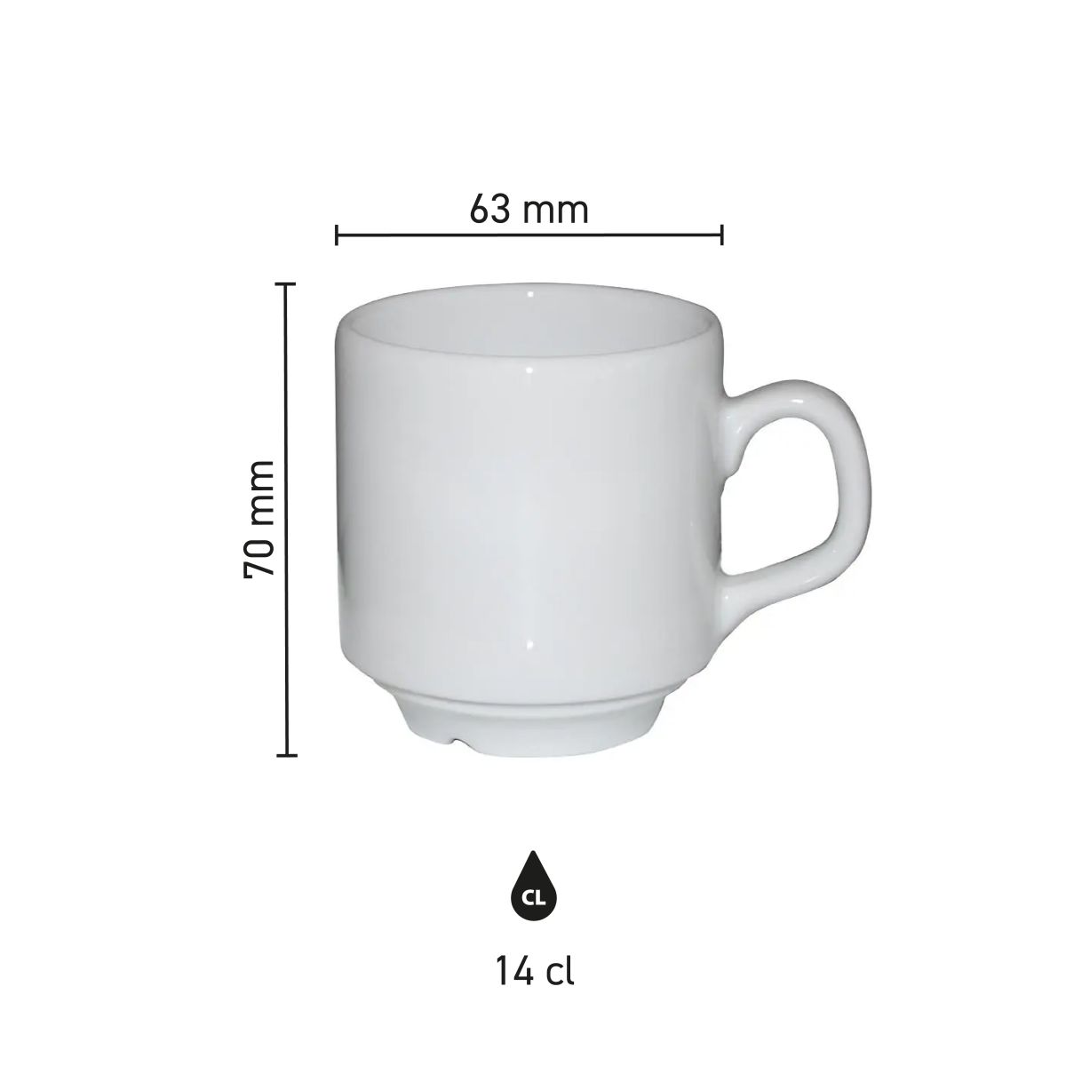 Infographic toont hoogte, diameter en inhoud van de Sara Koffie Kop wit 14 cl.