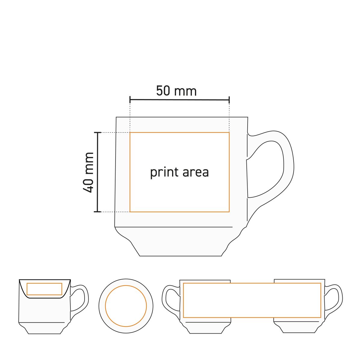 Technische werktekening met drukgebied van Sara koffie wit 14 cl. set porselein voor logo.