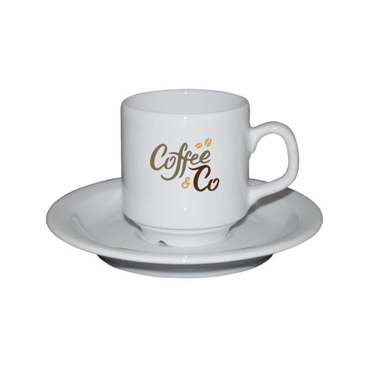 Voorzijde van Sara koffie wit 14 cl. set porselein met CoffeeCo logo bedrukt in meerdere kleuren.