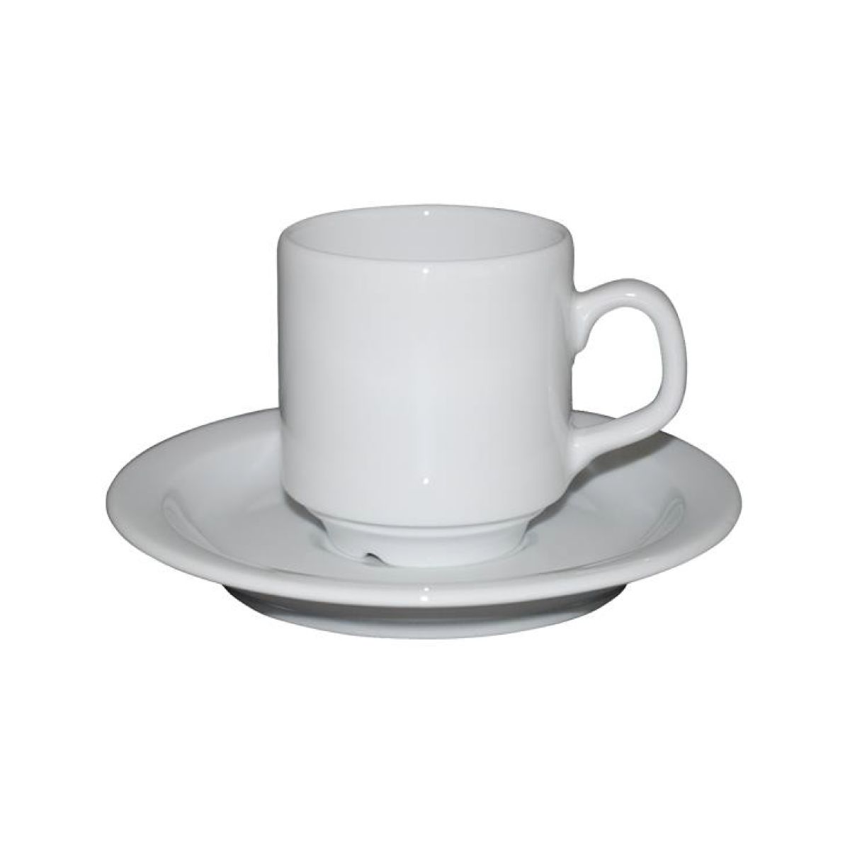Vooraanzicht van Sara koffie wit 14 cl. set porselein, klassiek koffiekopje met schotel.