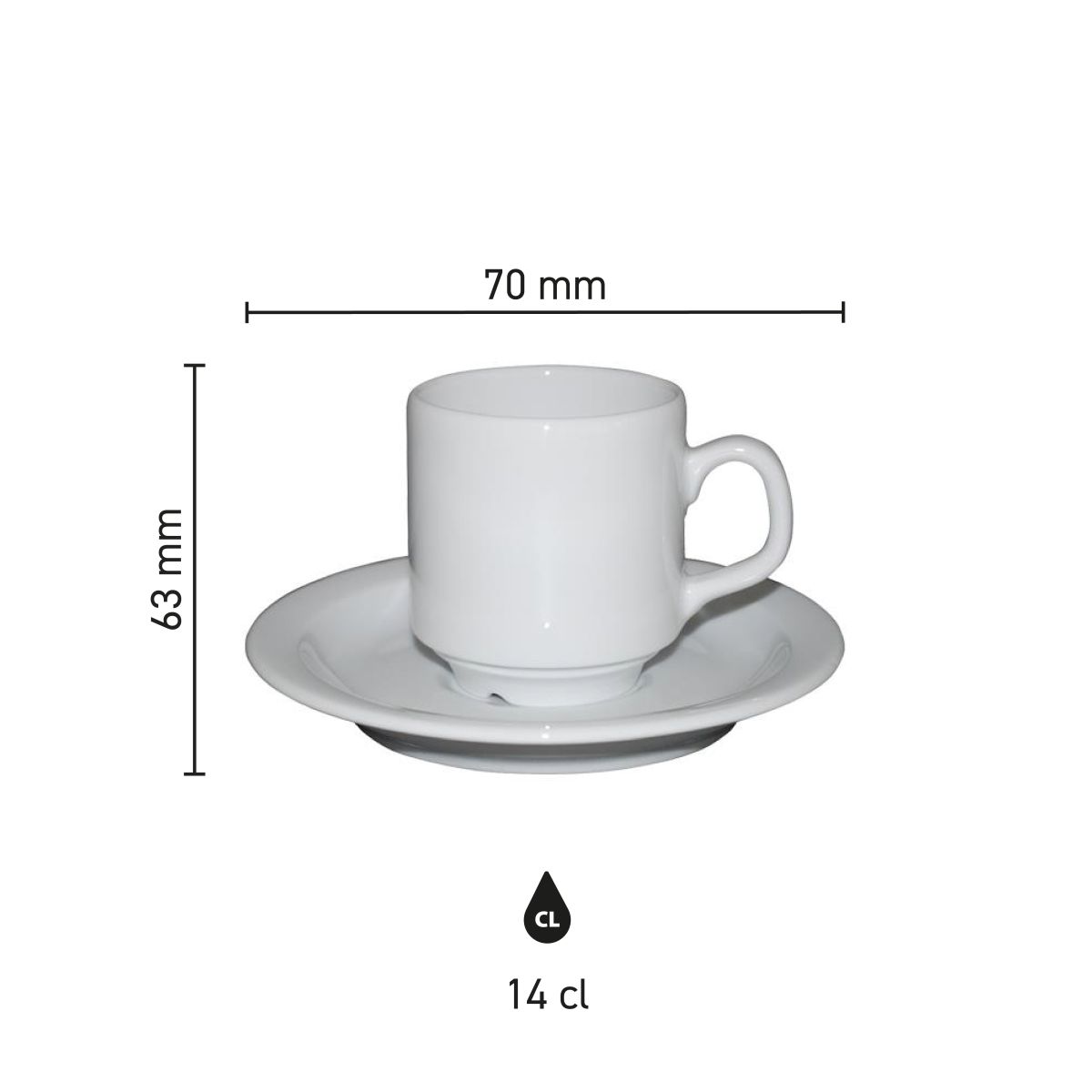 Infographic met productafmetingen van Sara koffie wit 14 cl. set porselein kop en schotel.