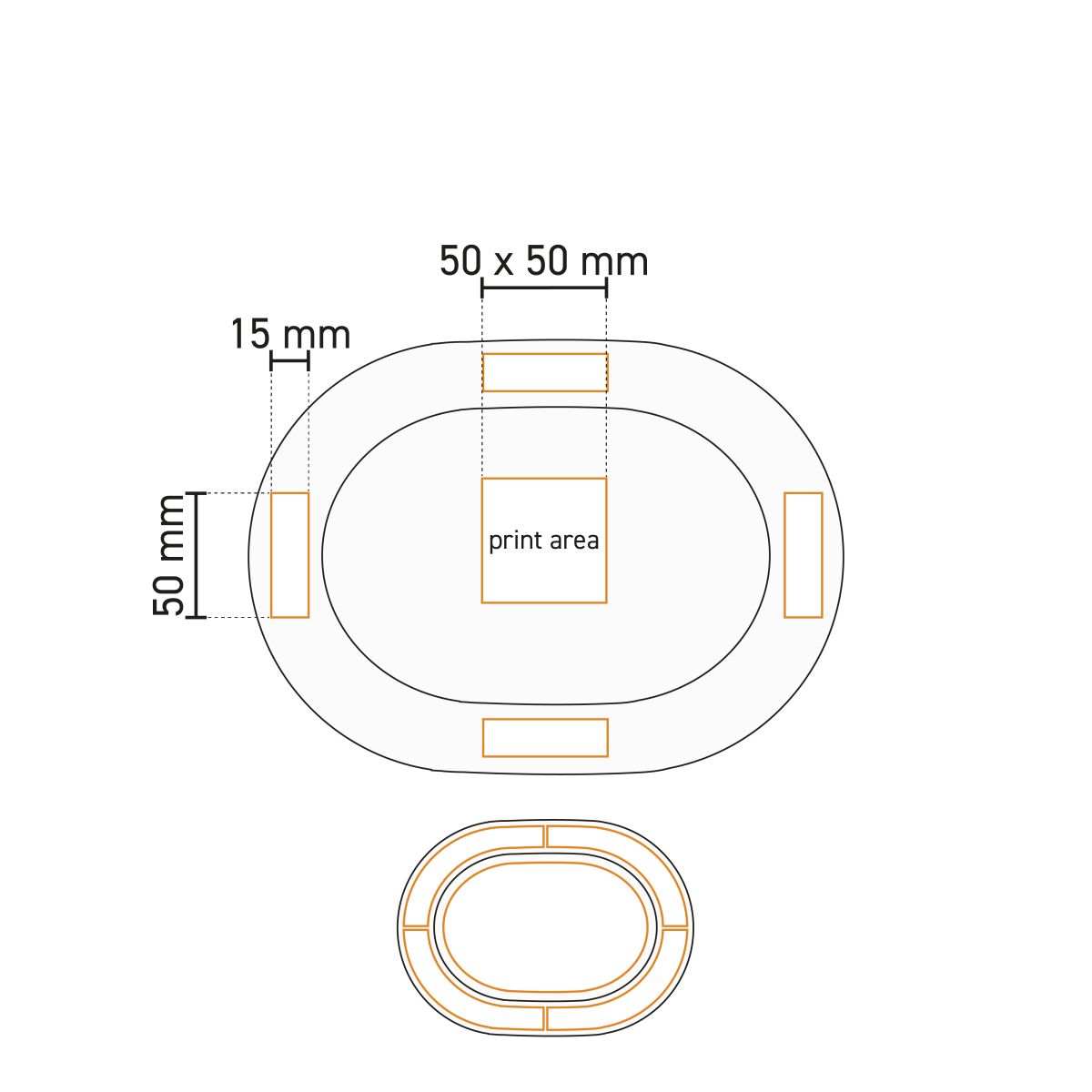 Technische werktekening met drukgebied voor schaal Eva ovaal wit 24 x 17,5 cm porselein.