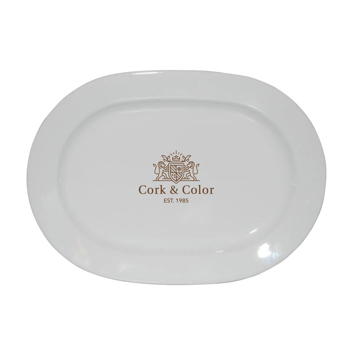 Porseleinen schaal Ovaal Eva wit 24 x 17,5 cm porselein met zwart CorkColor-logo op de voorzijde.