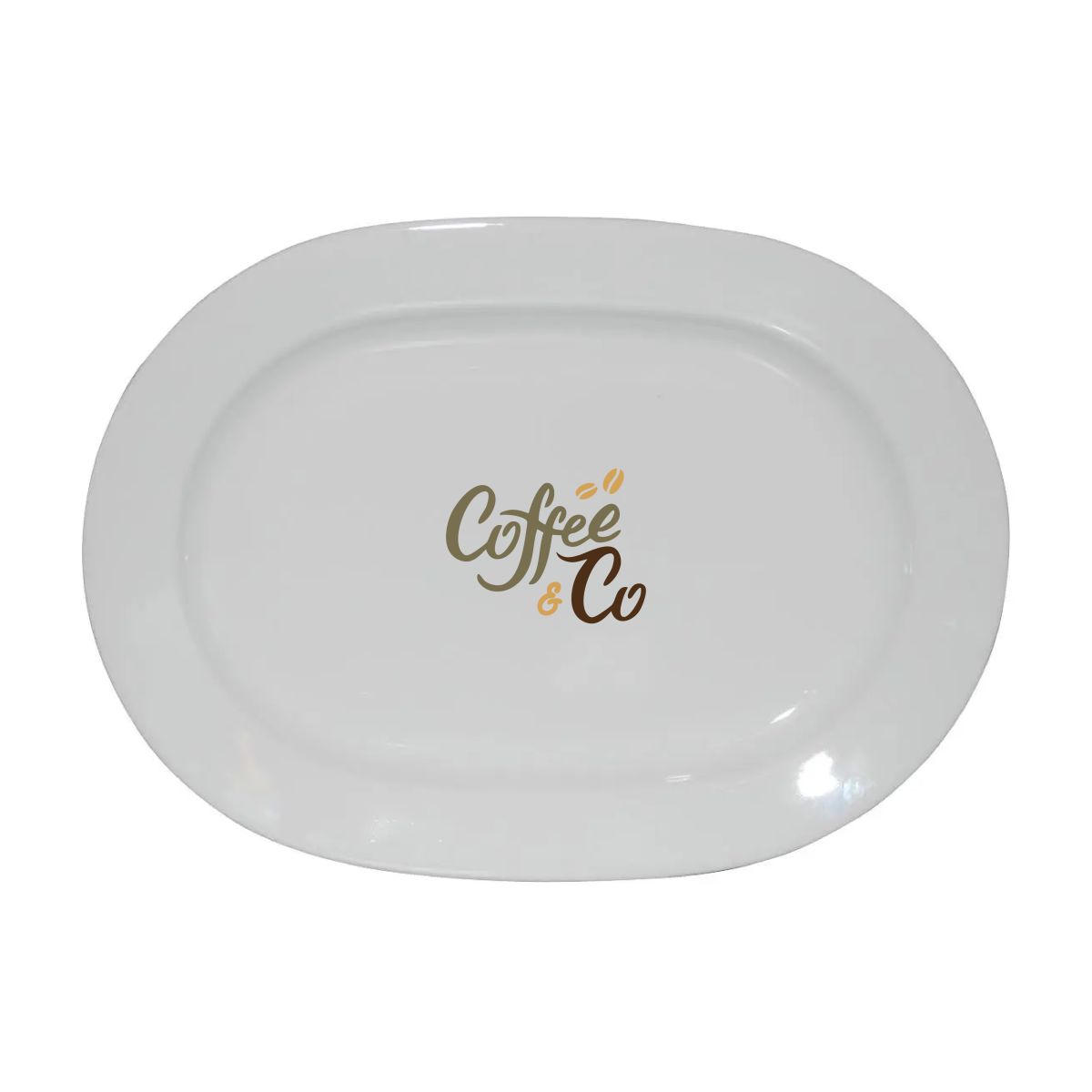 Porseleinen schaal Eva wit 24 x 17,5 cm met meerkleurig CoffeeCo-logo in vooraanzicht.