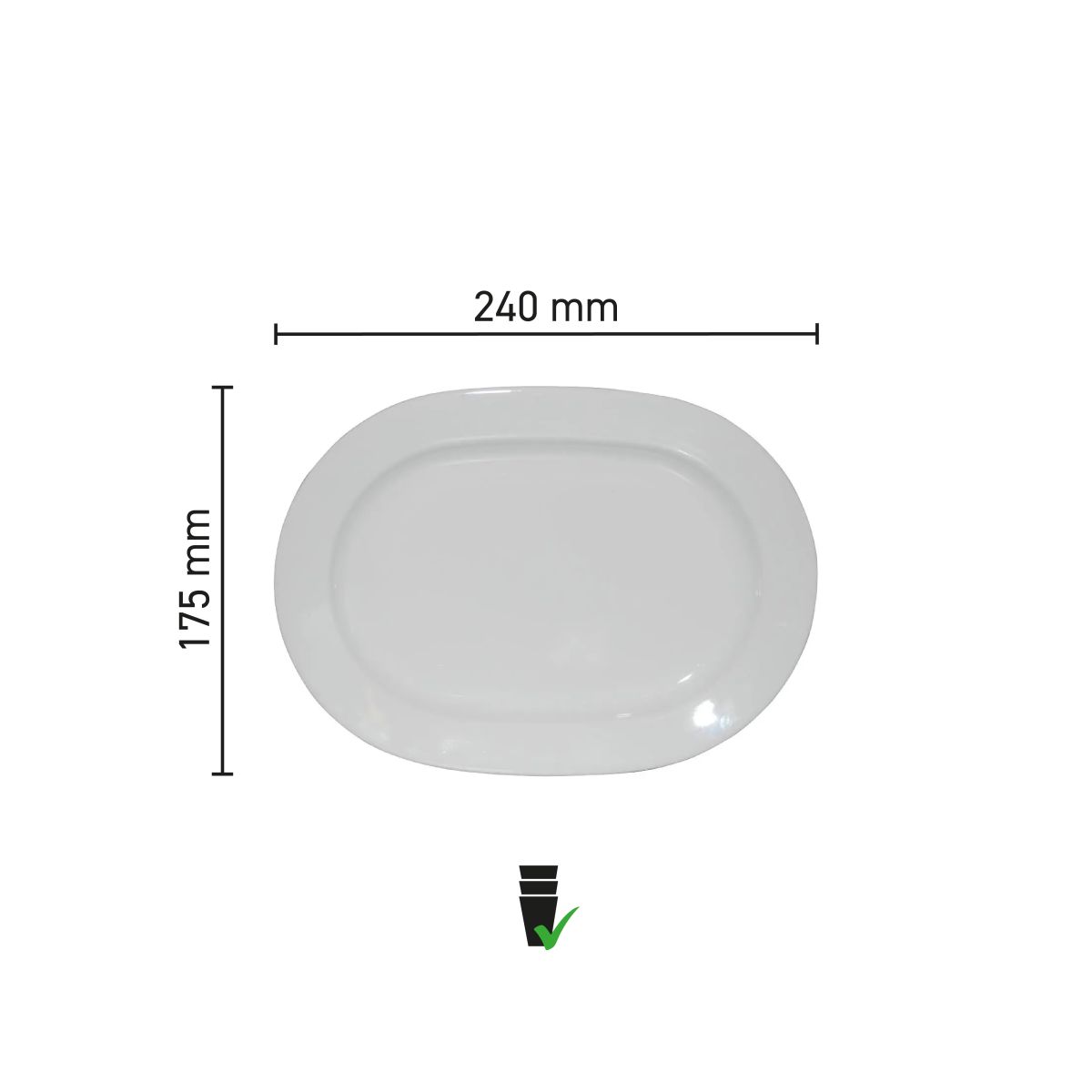 Infographic met productafmetingen van schaal Eva ovaal wit 24 x 17,5 cm porselein.
