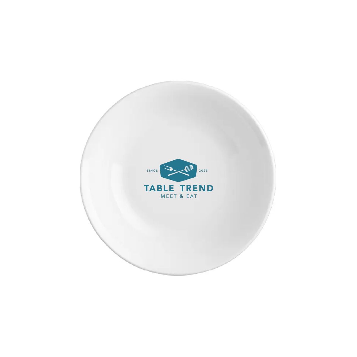 Vooraanzicht van porseleinen schaal 13 cm met TableTrend-logo in één druktoon voor branding.