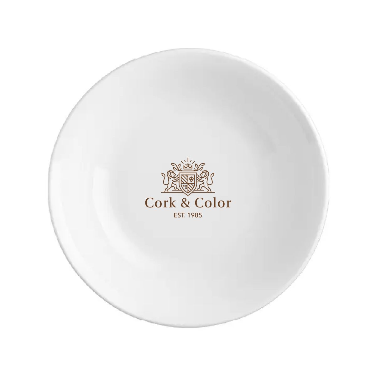 Witte schaal Princip 20 cm met bedrukt CorkColor-logo in één kleur aan de voorzijde zichtbaar.