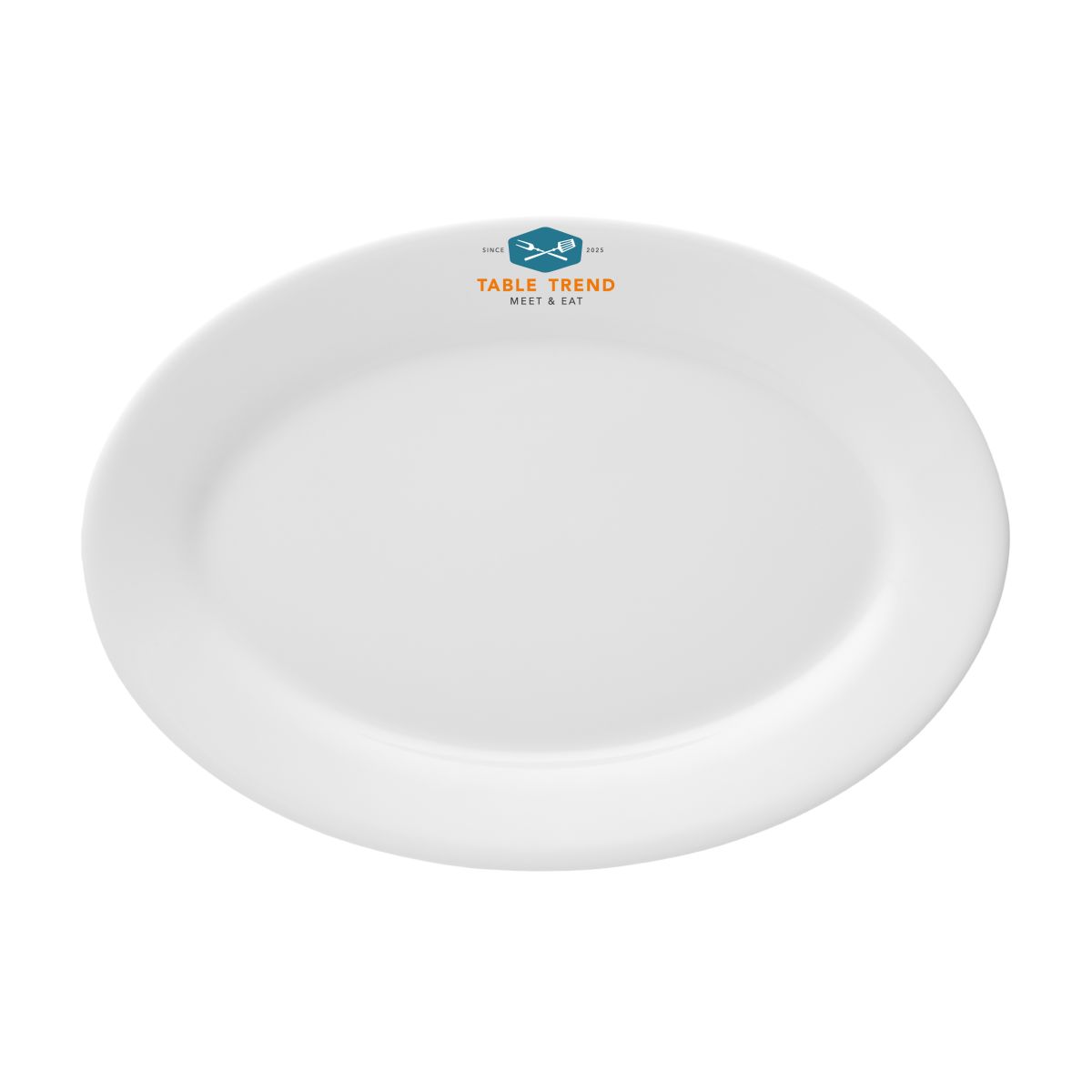Witte schaal Princip 24 cm porselein met meerkleurig TableTrend-logo vooraanzicht.