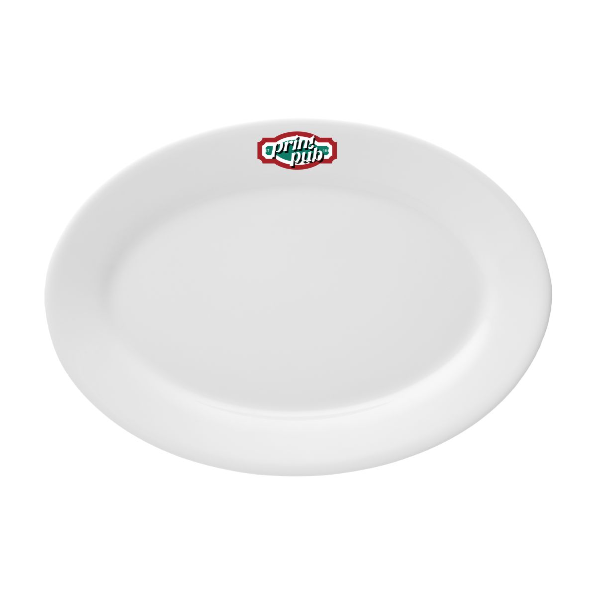 Witte schaal Princip 32 cm porselein met meerkleurig PrintPub-logo in vooraanzicht.