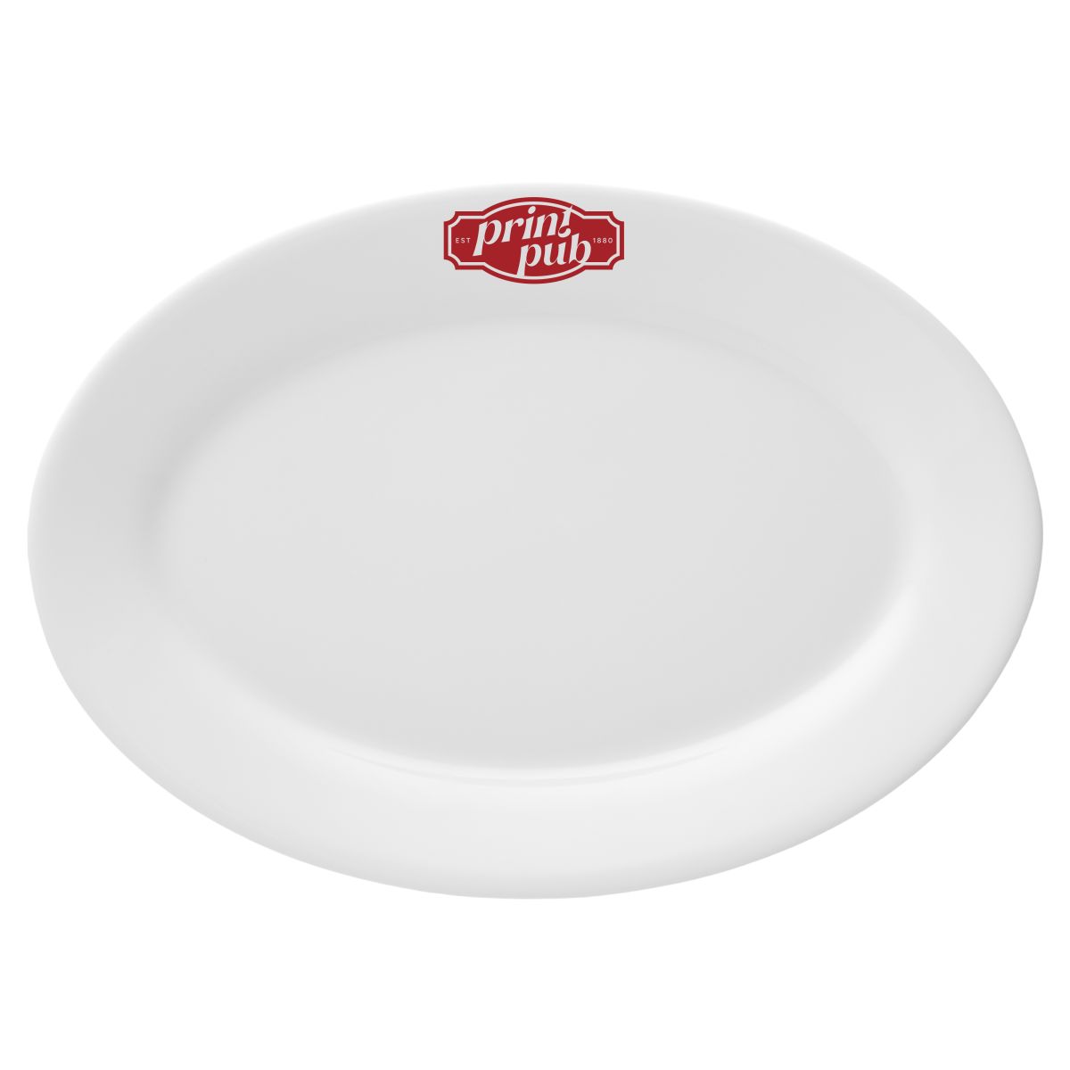 Vooraanzicht van porseleinen schaal Princip 36 cm met rood logo PrintPub.