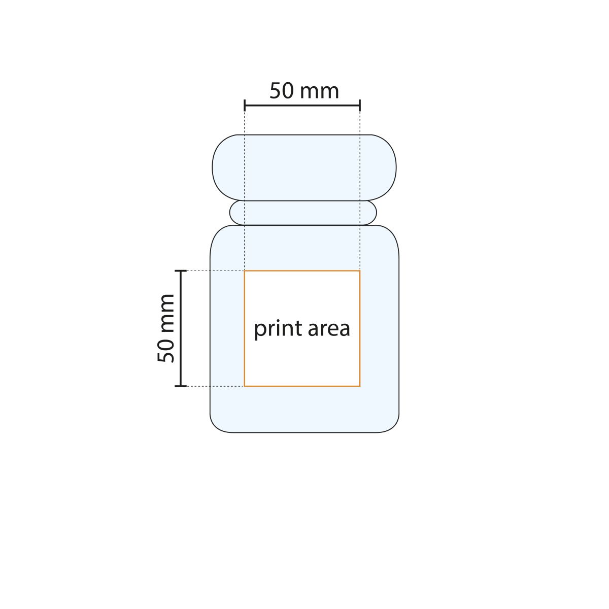 Afbeelding toont het drukgebied van de glazen snoeppot 395 ml, bedoeld voor logo- of tekstbedrukking.