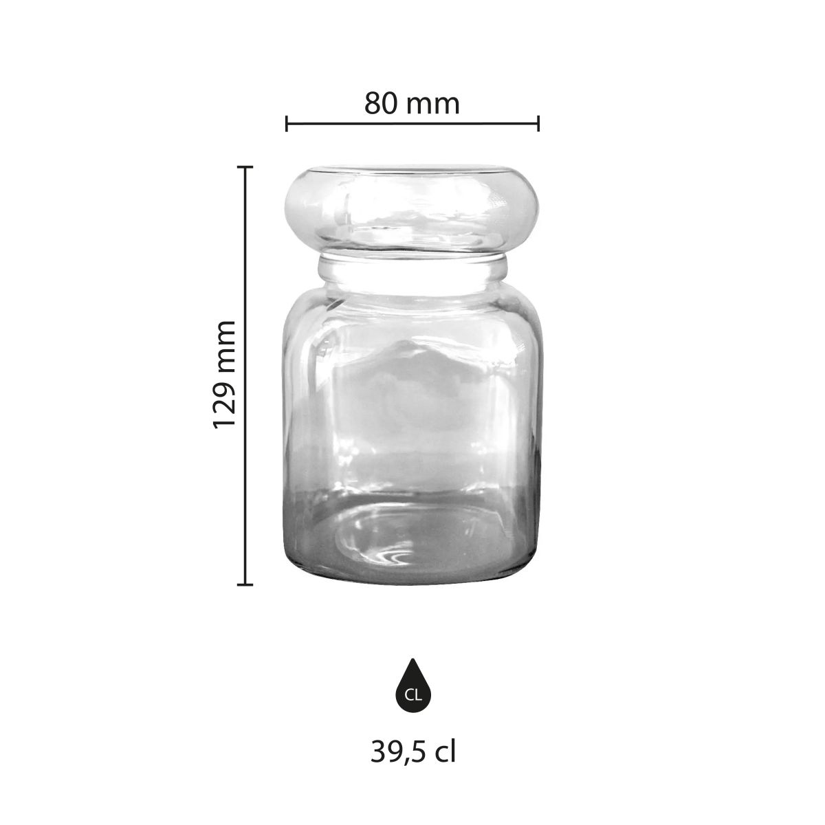 Infographic met productafmetingen van glazen snoeppot Classic 395 ml, inclusief hoogte en diameter.