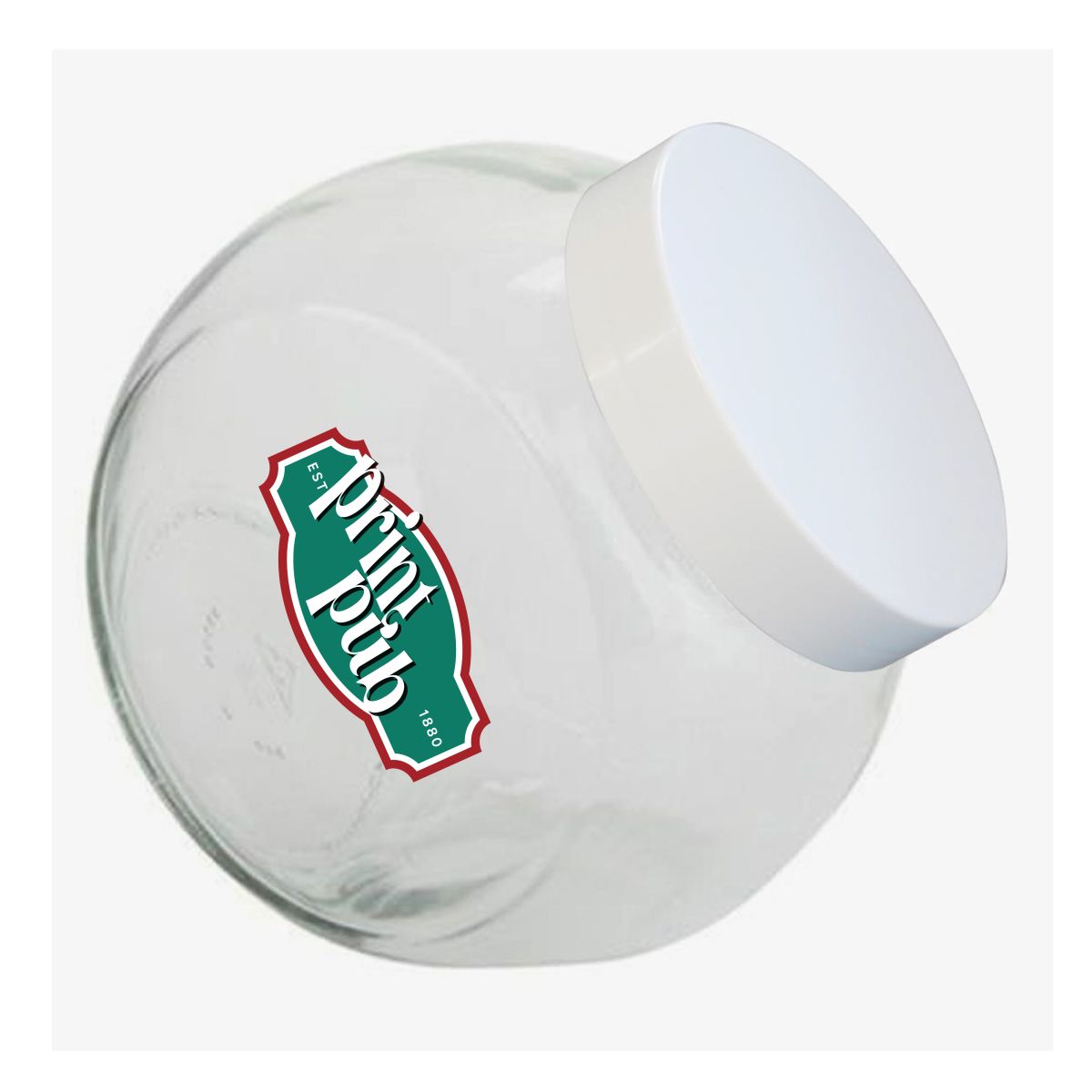 Vooraanzicht van glazen snoeppot met wit deksel en PrintPub-logo in meerdere kleuren op het glas aangebracht.