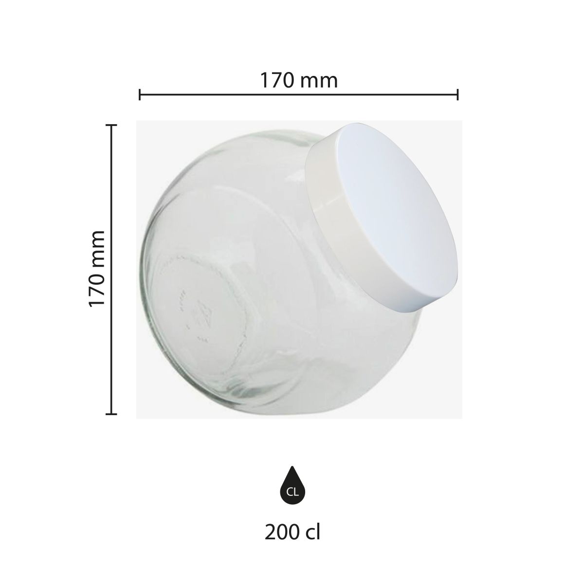 Infografisch overzicht van de glazen snoeppot Sweets 2 liter met wit deksel en bijbehorende afmetingen.