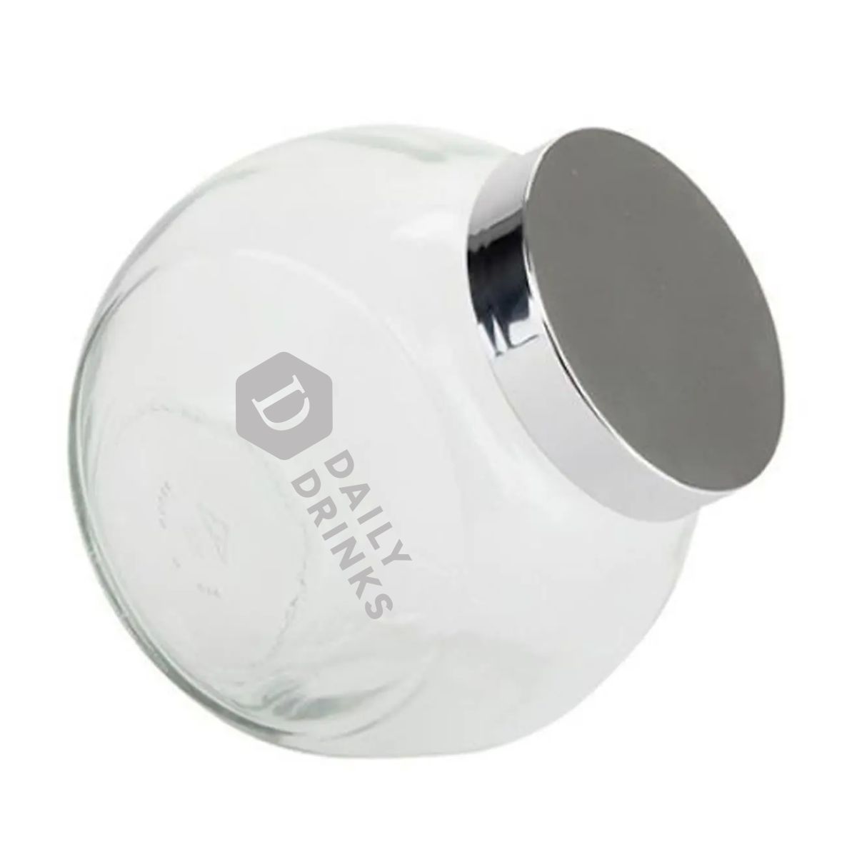 Vooraanzicht van glazen snoeppot met zilver deksel en fijn gegraveerd DailyDrinks-logo op het oppervlak.