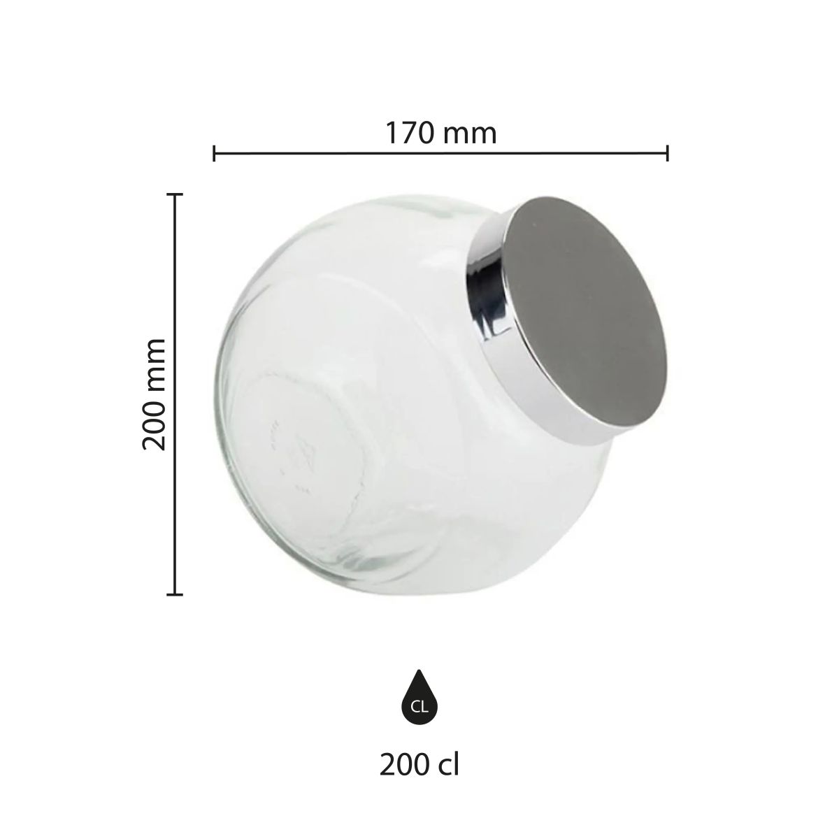 Infografiek met maten van glazen snoeppot Sweets 2 liter met zilver deksel, met nadruk op hoogte en diameter.