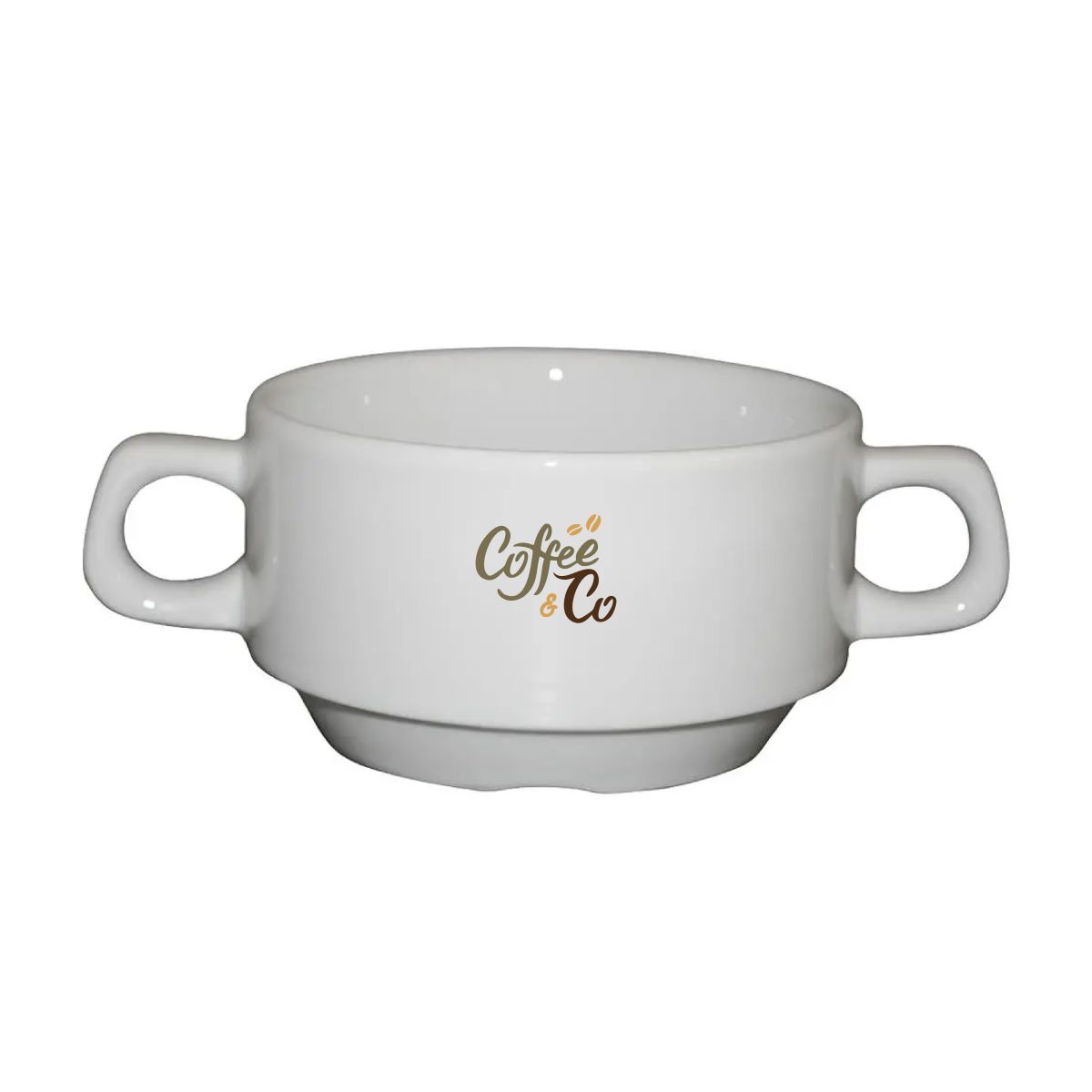Soepkop met 2 oren 30 cl. van wit porselein met meerkleurig CoffeeCo-logo op het voorpaneel