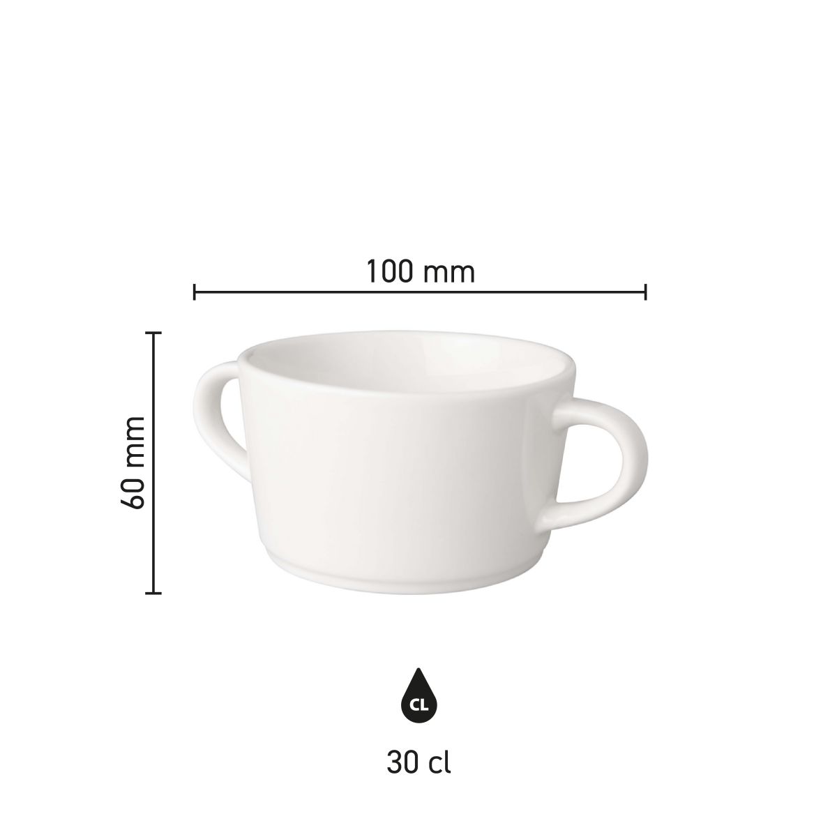 Infographic toont productafmetingen van soepkop Budgetline Neo 30 cl porselein met diameter en hoogte.