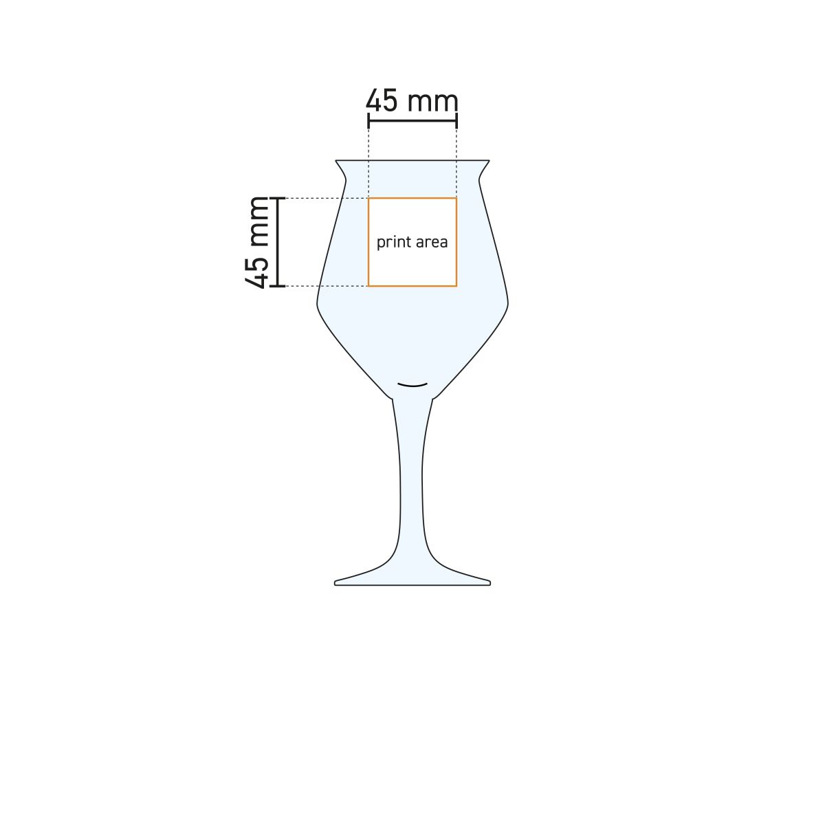 Technische werktekening van het Sommelier Kelch 20 cl tapmaat glas met drukgebied-aanduiding