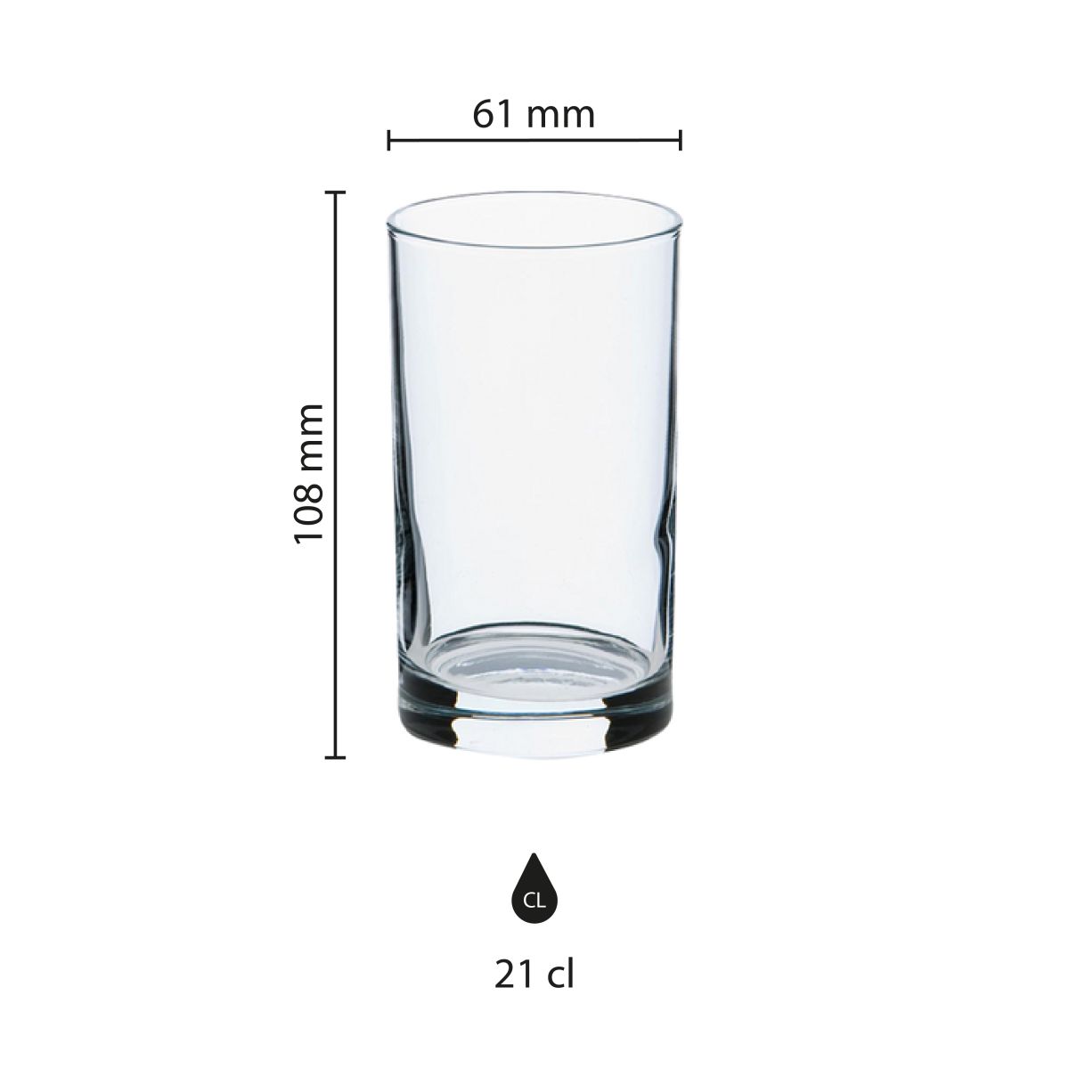 Infographic toont afmetingen van het glazen spatjesglas van 21 cl in detail.