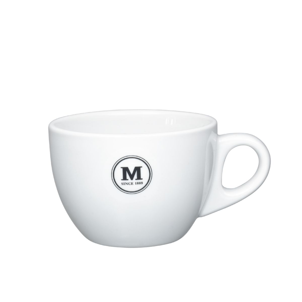 Style Cappuccino Kop 19 cl porselein met eenkleurig logo van M op het voorpaneel