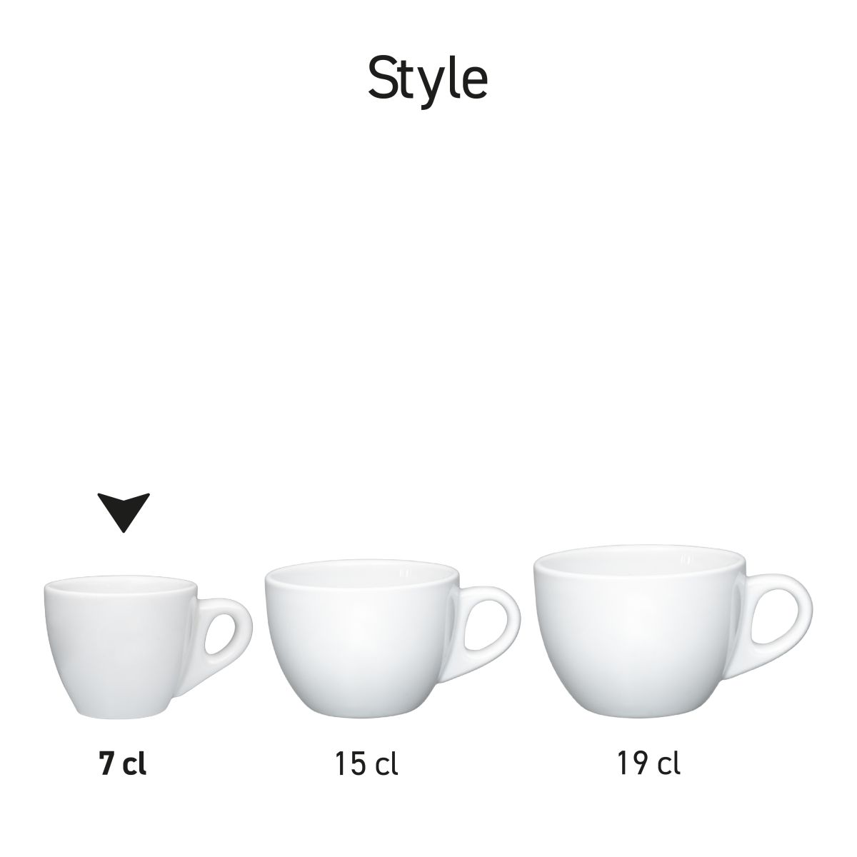 Serieoverzicht van Style Espresso koppen in wit porselein, naast elkaar gepresenteerd.