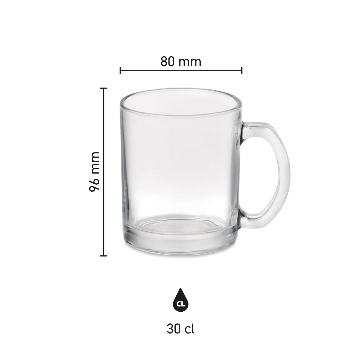Infographic toont de exacte afmetingen van de Sublimok Kitty glas 30 cl mok, inclusief hoogte en diameter.