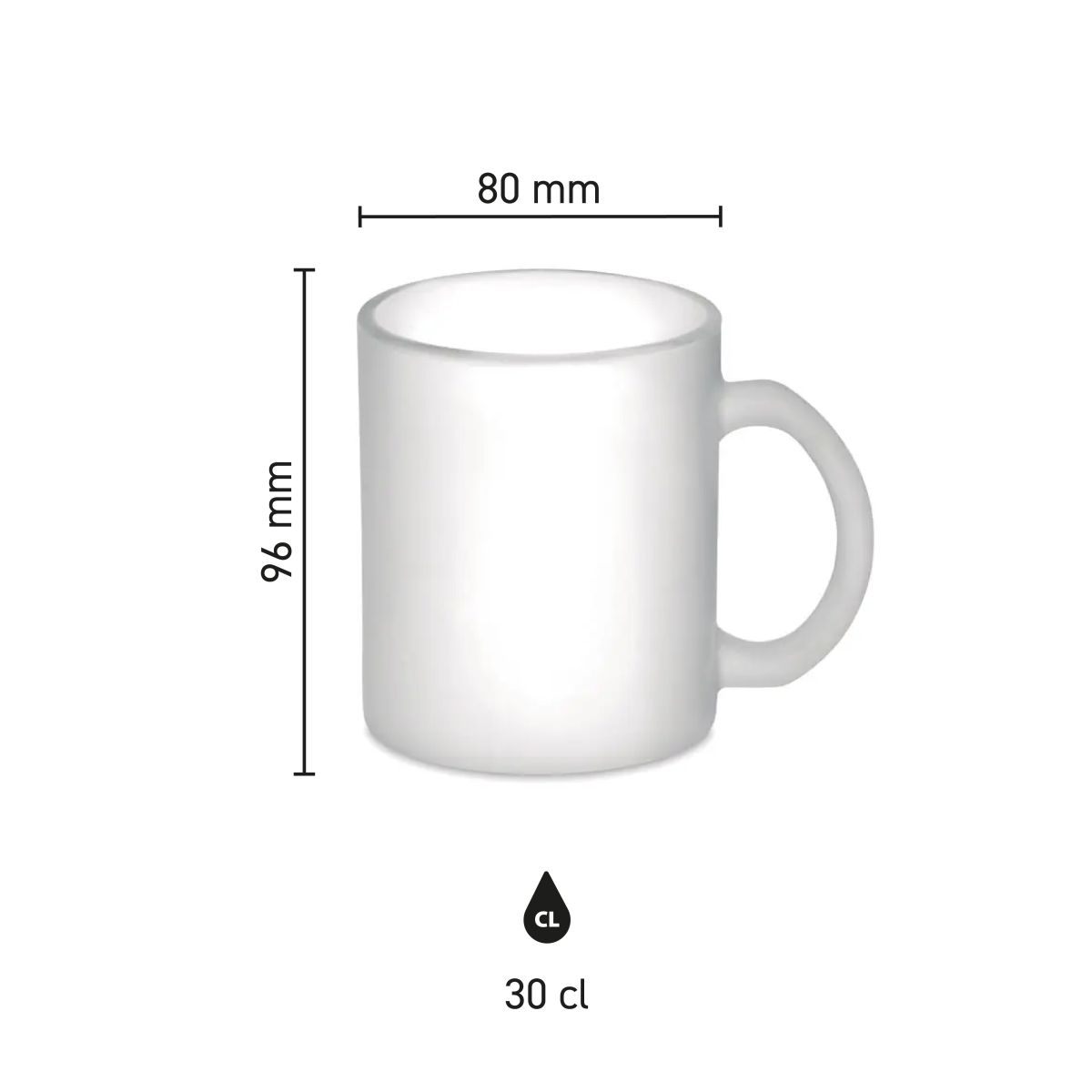 Infographic toont de productafmetingen van de Sublimok Kitty glas mat 30 cl. inclusief hoogte en diameter.