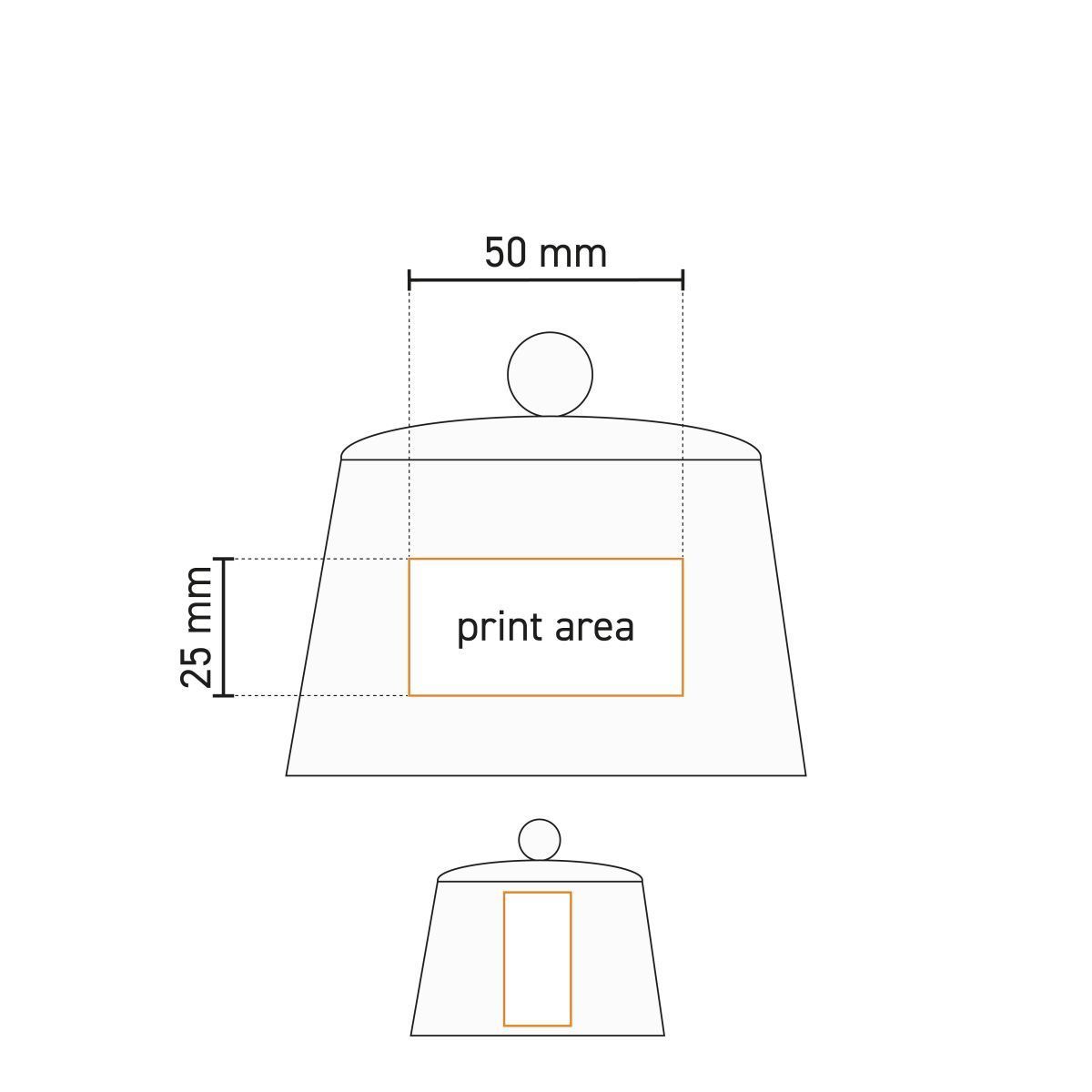 Technische tekening toont drukgebied van suikerpot Eva 20 cl porselein met deksel.