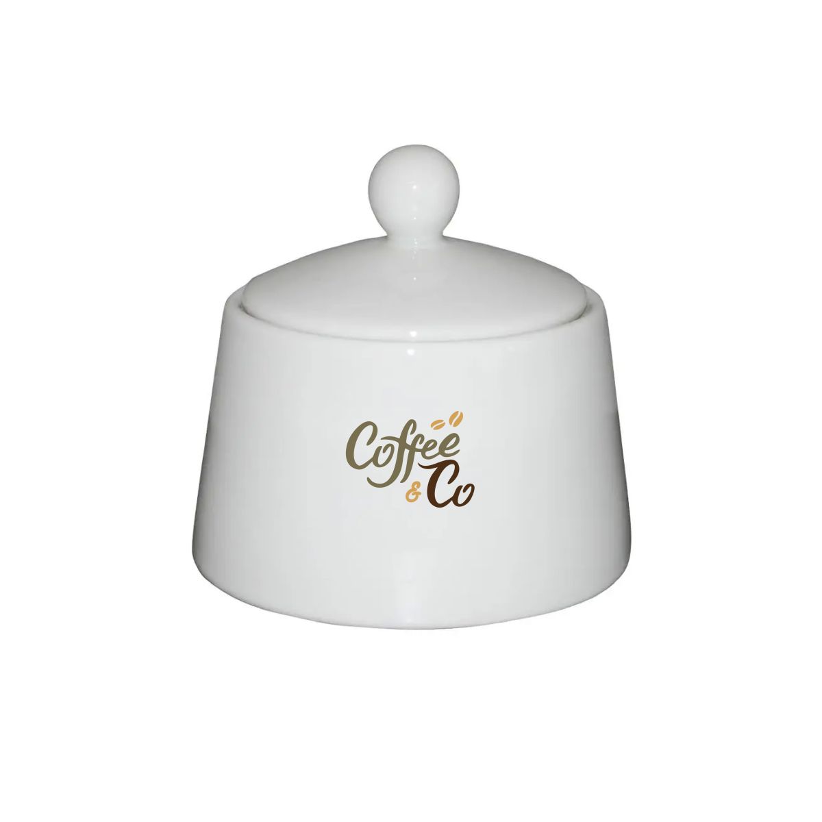 Porseleinen suikerpot Eva 20 cl. met éénkleurig CoffeeCo-logo op het voorvlak gedrukt.