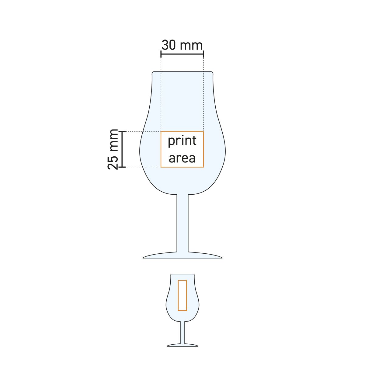Werktekening met drukgebied van tasting glass 13 cl glas.