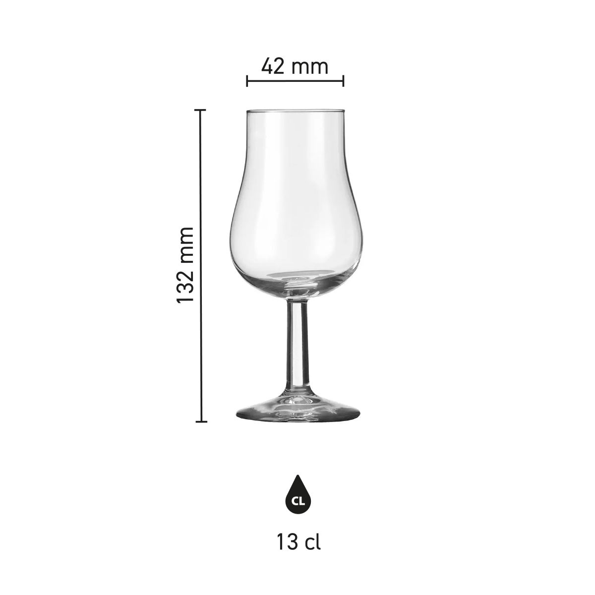 Infographic met productafmetingen van tasting glass 13 cl.