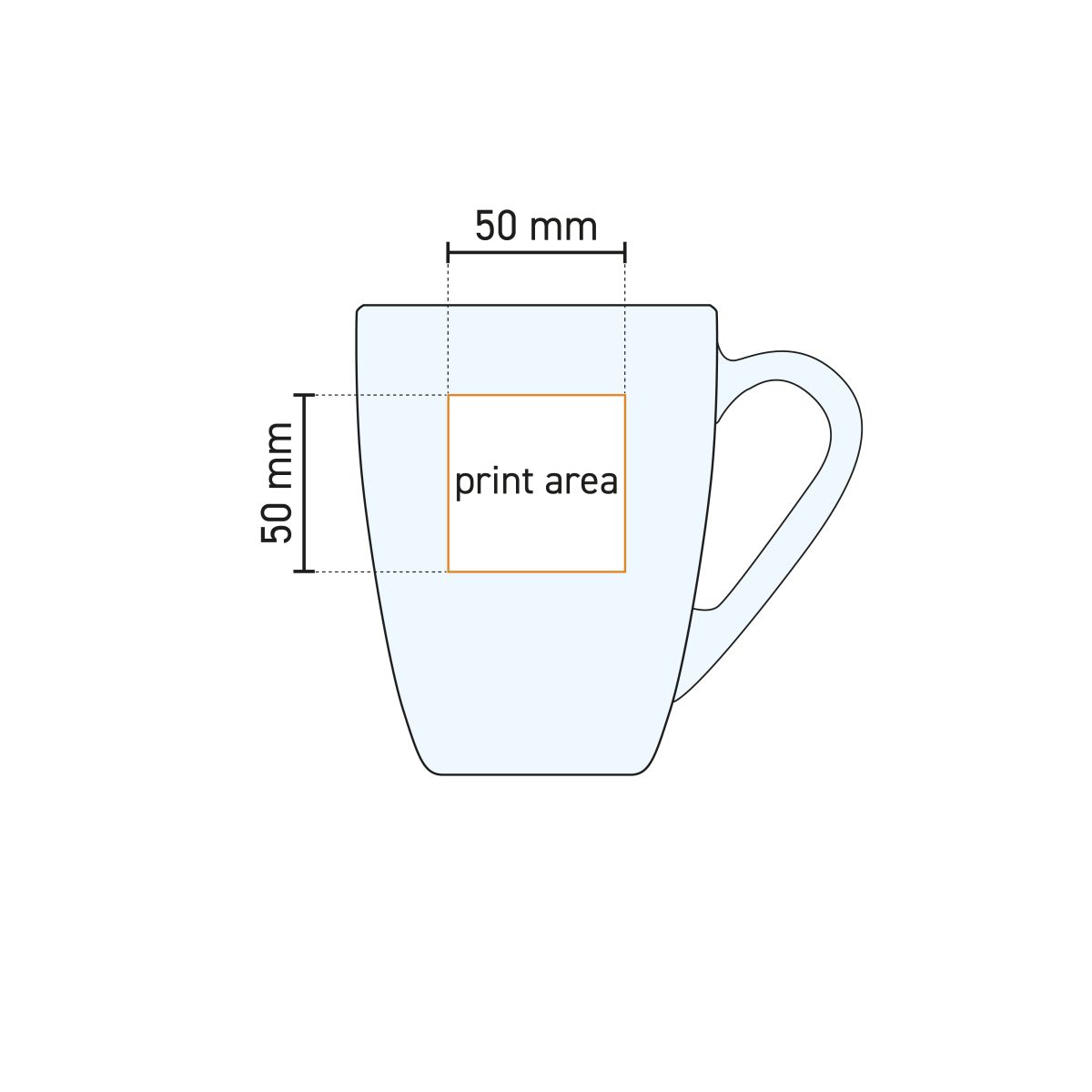Technische werktekening van het glas met aanduiding van drukgebied op het oppervlak.