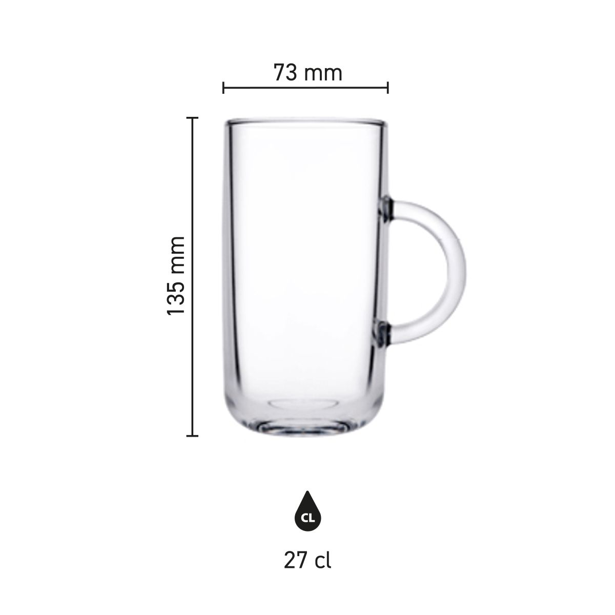 Infographic toont hoogte, diameter en inhoud van het theeglas Iconic 27 cl.